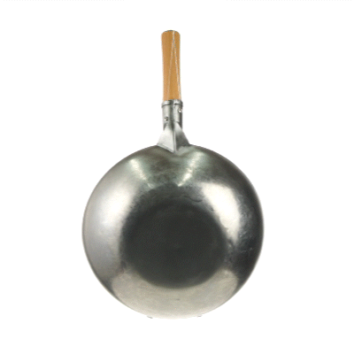 Motomori 13 1/2" Carbon Steel Flat Bottom Wok / Stir Fry Pan - Hand Hammered, with Wooden Handle - 1 count box