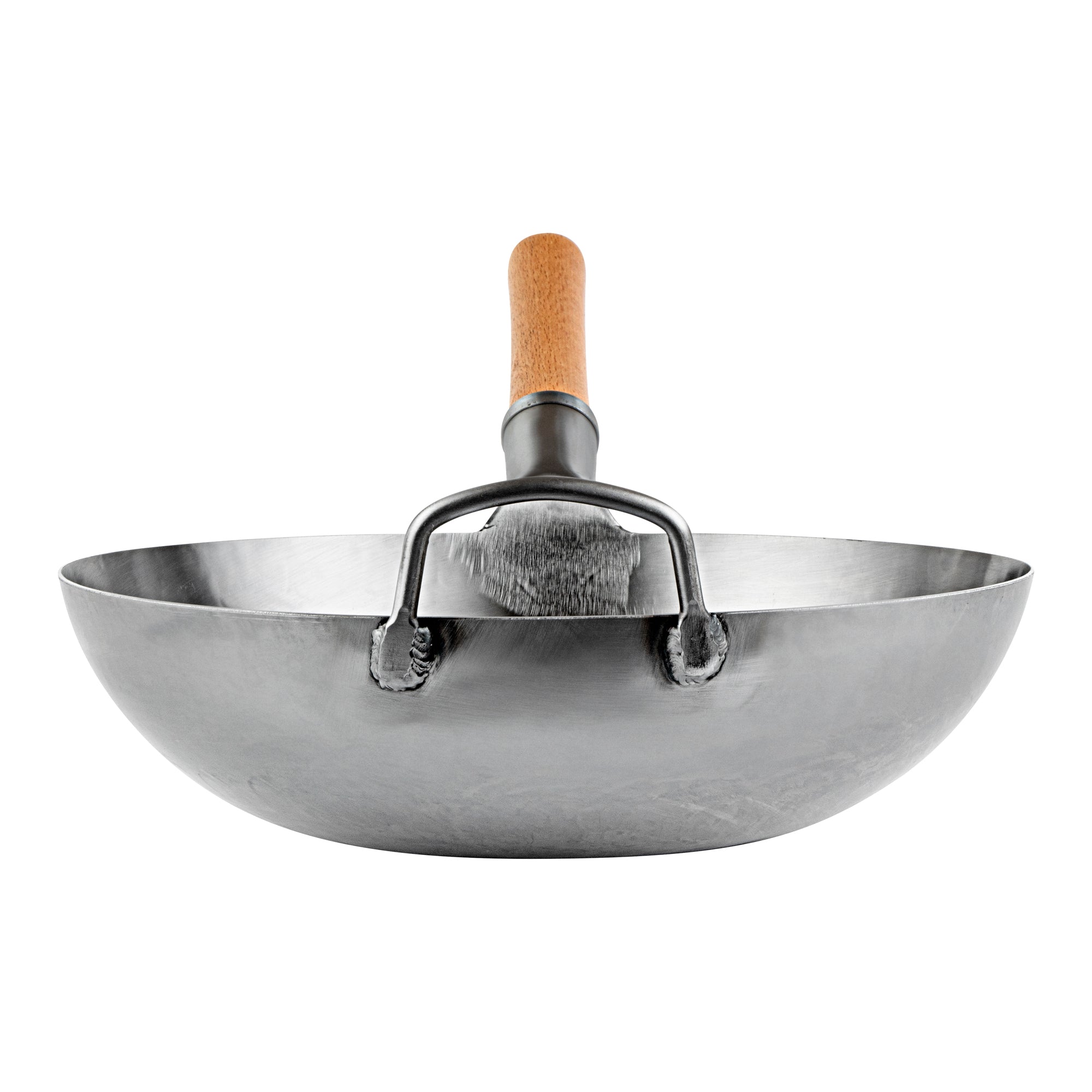 Motomori 13 1/2" Carbon Steel Flat Bottom Wok / Stir Fry Pan - Hand Hammered, with Wooden Handle - 1 count box
