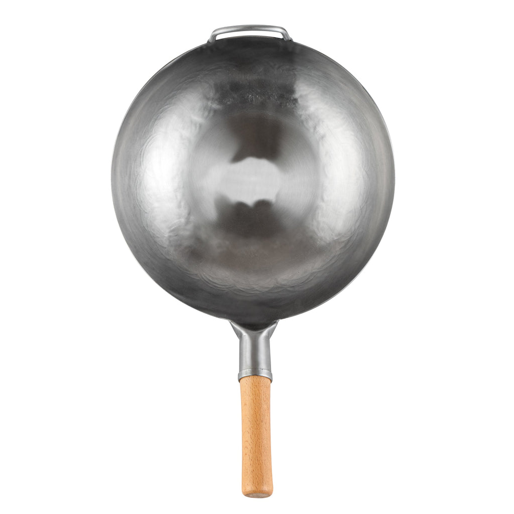 Motomori 13 1/2" Carbon Steel Flat Bottom Wok / Stir Fry Pan - Hand Hammered, with Wooden Handle - 1 count box