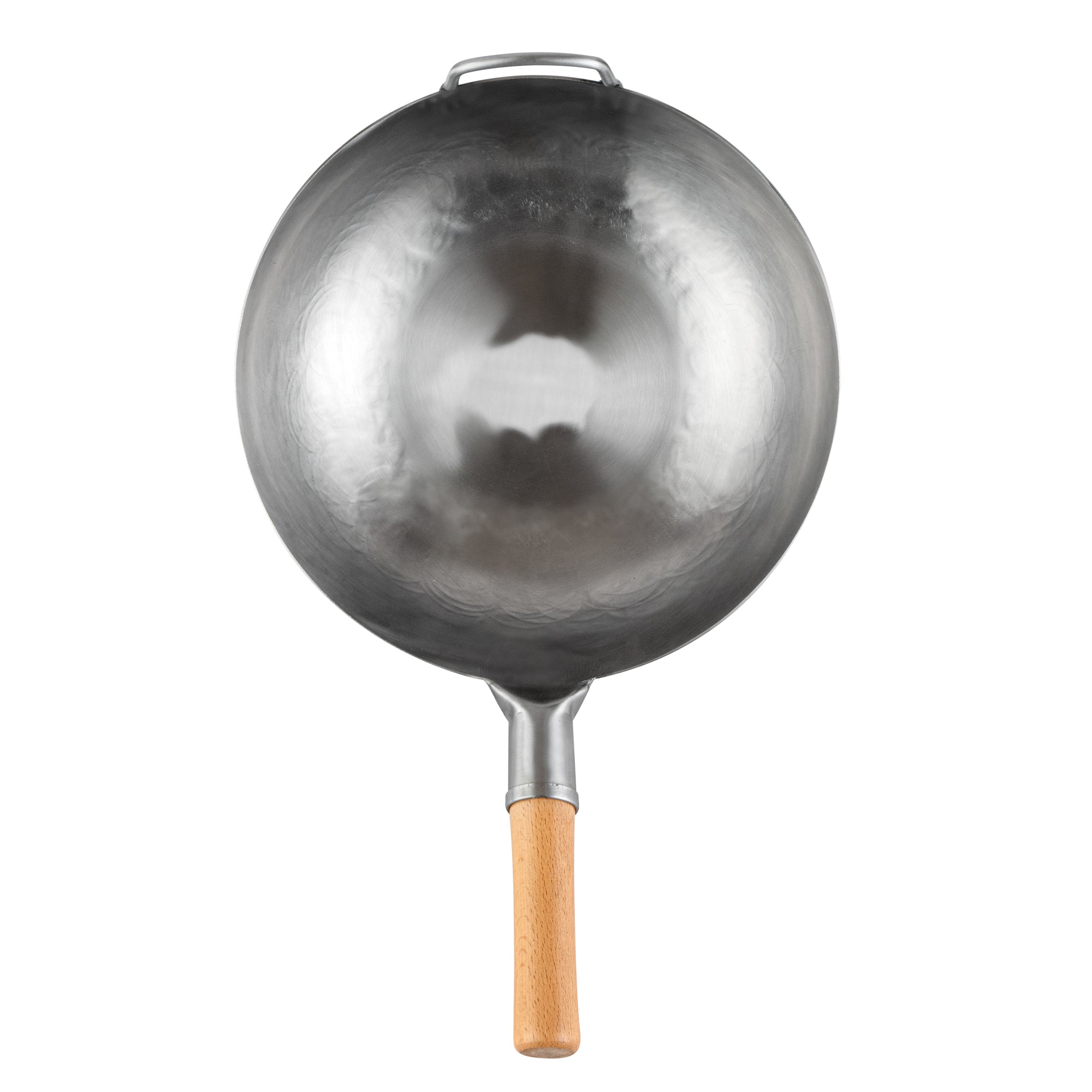 Motomori 13 1/2" Carbon Steel Flat Bottom Wok / Stir Fry Pan - Hand Hammered, with Wooden Handle - 1 count box