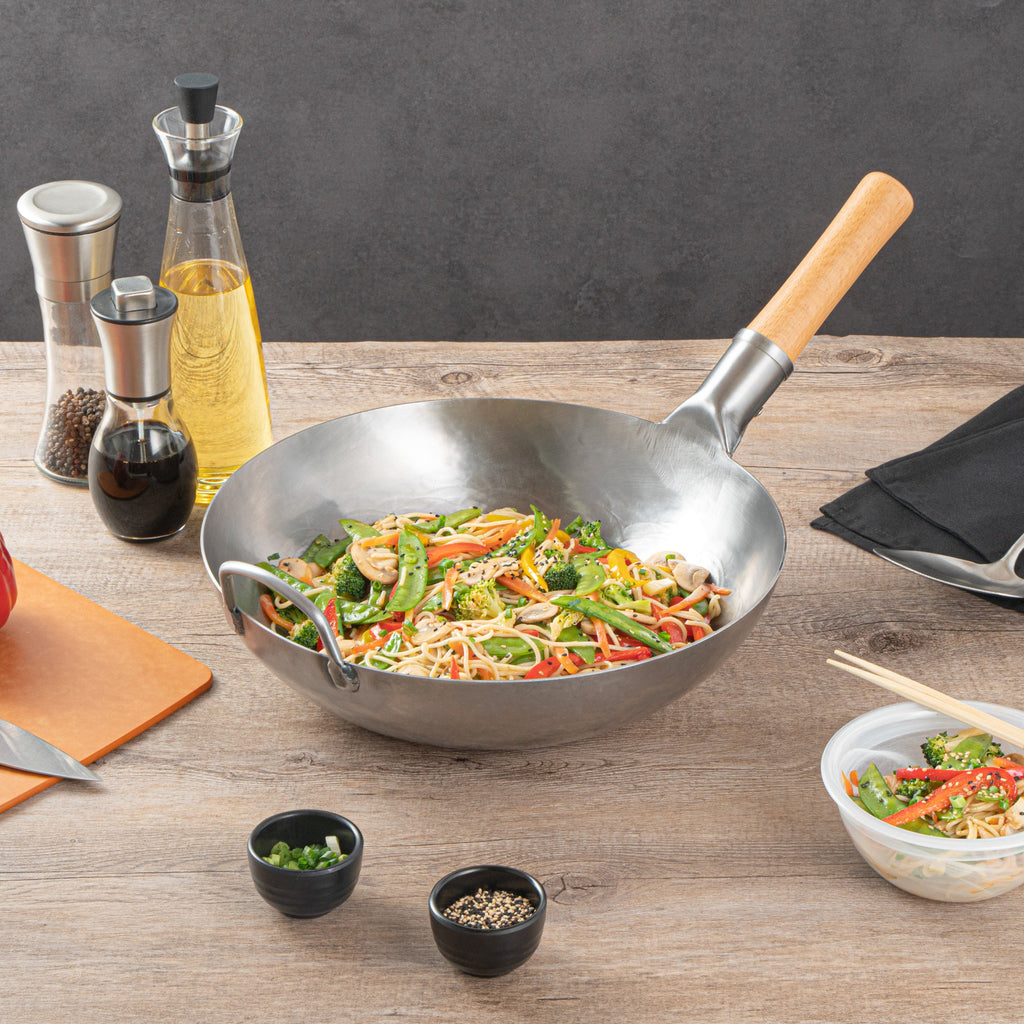 Motomori 13 1/2" Carbon Steel Flat Bottom Wok / Stir Fry Pan - Hand Hammered, with Wooden Handle - 1 count box
