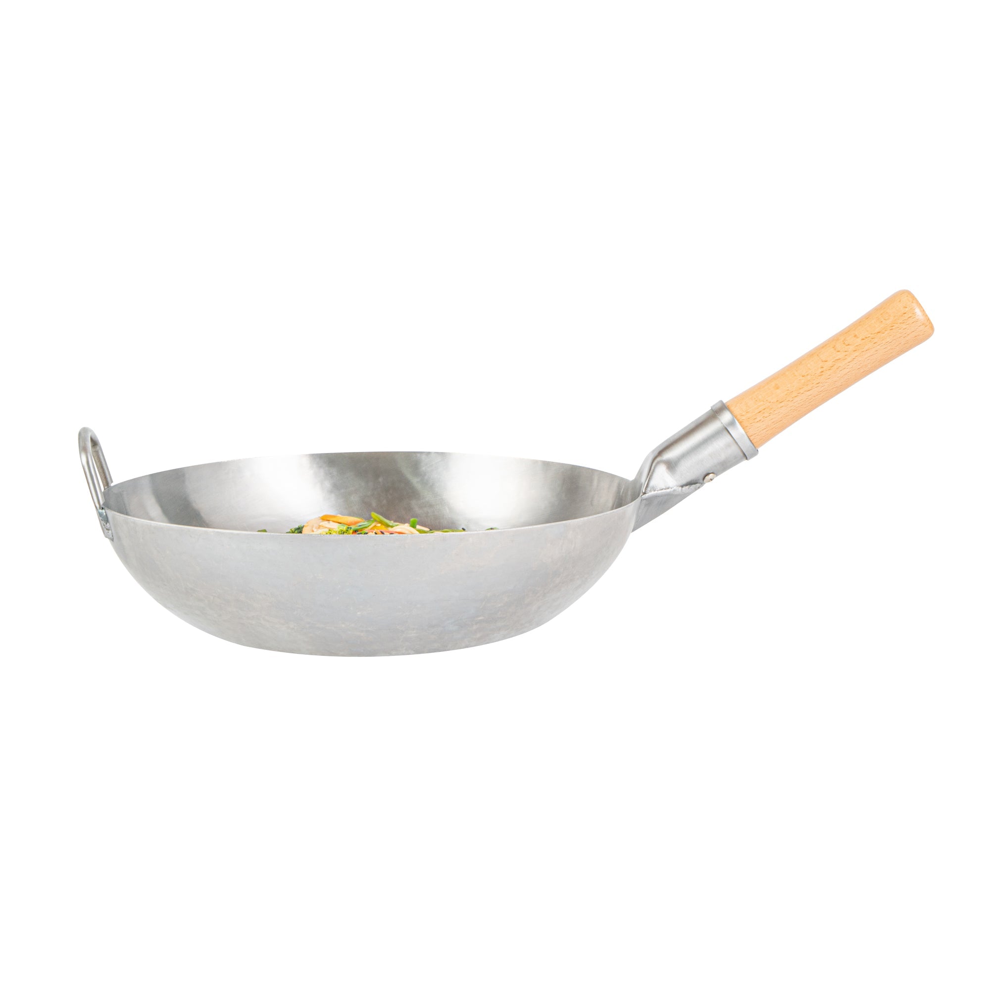 Motomori 13 1/2" Carbon Steel Flat Bottom Wok / Stir Fry Pan - Hand Hammered, with Wooden Handle - 10 count box