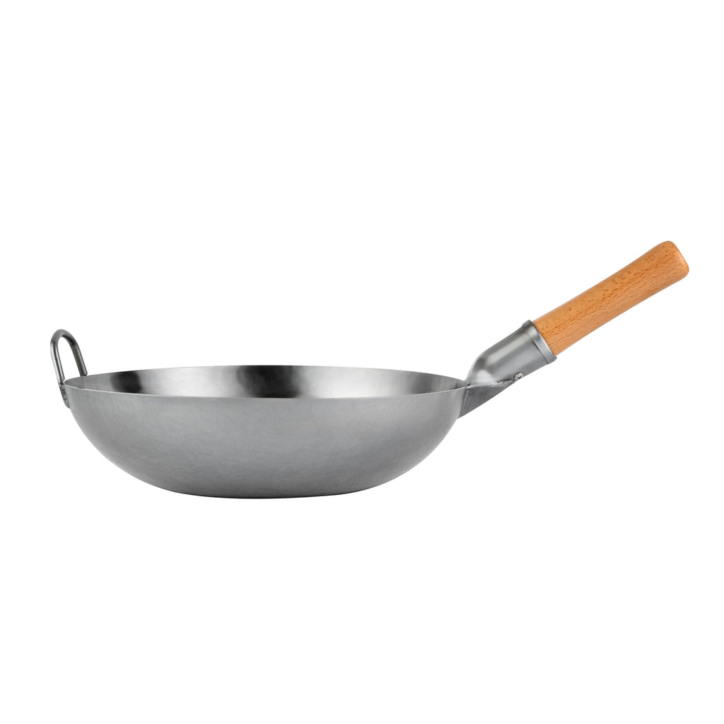 Motomori 13 1/2" Carbon Steel Flat Bottom Wok / Stir Fry Pan - Hand Hammered, with Wooden Handle - 10 count box