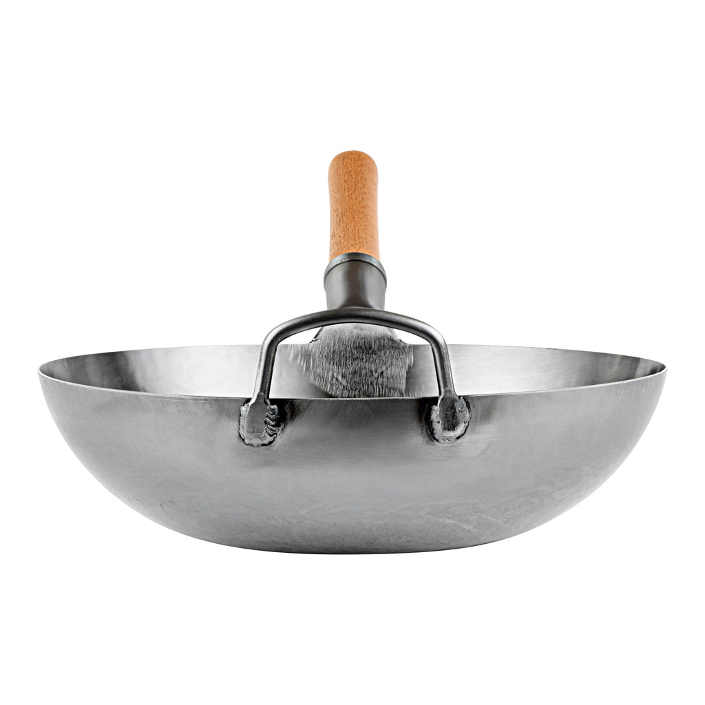 Motomori 13 1/2" Carbon Steel Flat Bottom Wok / Stir Fry Pan - Hand Hammered, with Wooden Handle - 10 count box