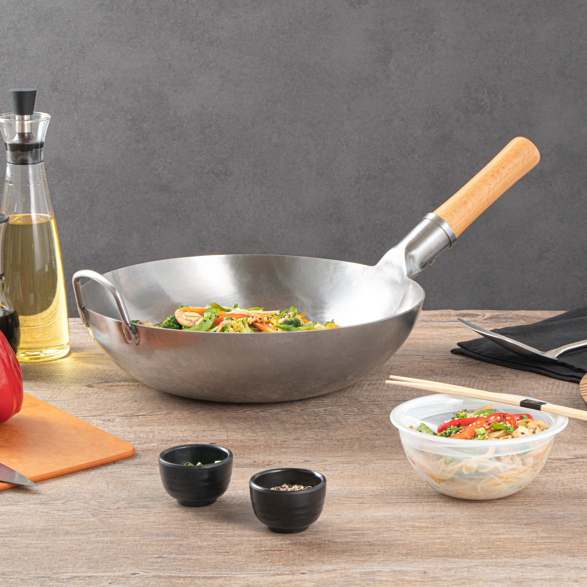 Motomori 13 1/2" Carbon Steel Flat Bottom Wok / Stir Fry Pan - Hand Hammered, with Wooden Handle - 10 count box