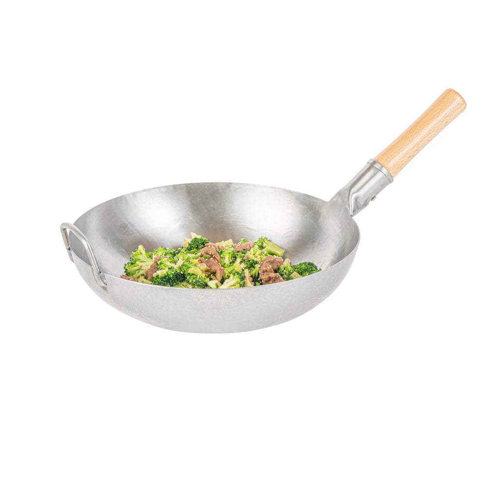 Motomori 14" Carbon Steel Flat Bottom Wok / Stir Fry Pan - Hand Hammered, with Wooden Handle - 1 count box