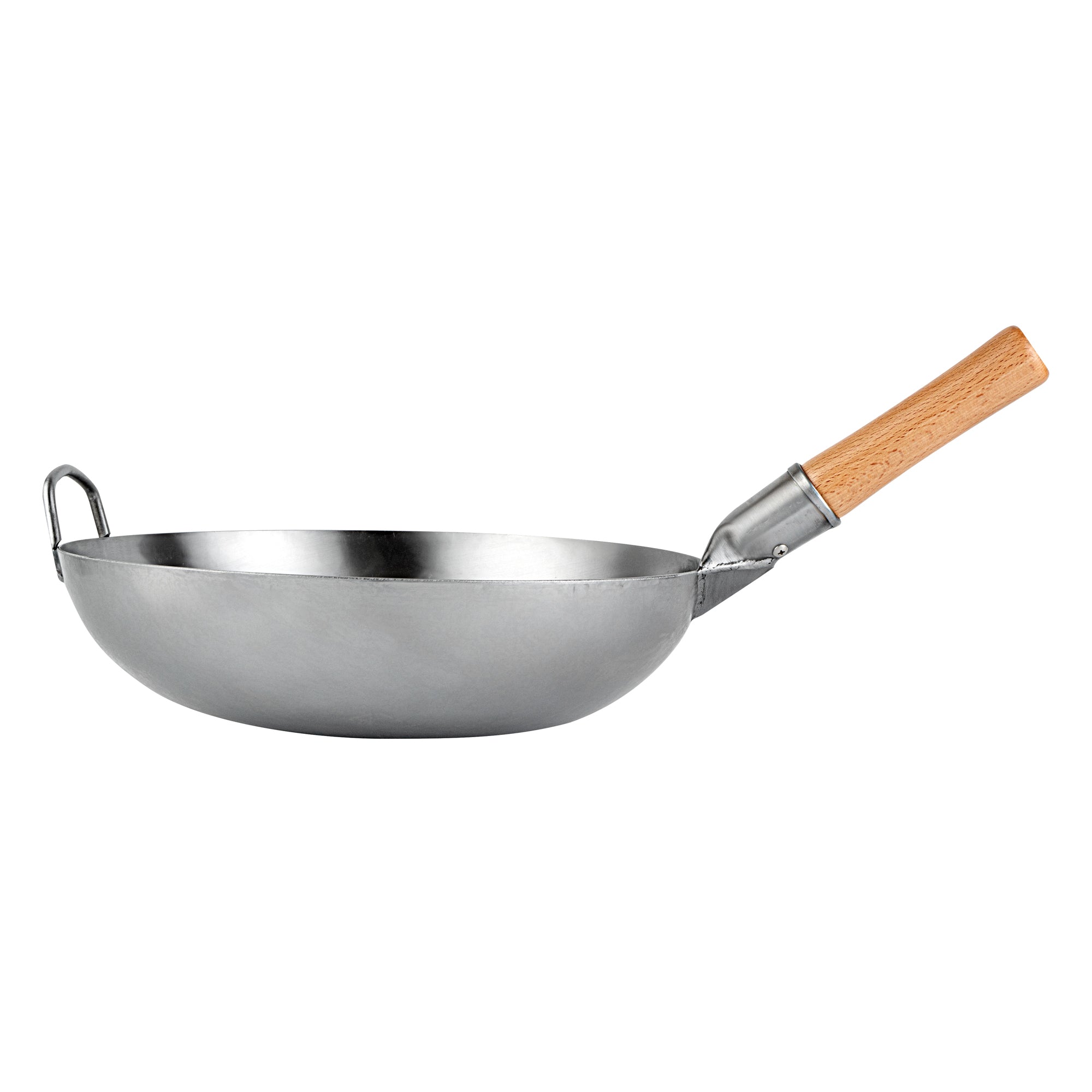 Motomori 14" Carbon Steel Flat Bottom Wok / Stir Fry Pan - Hand Hammered, with Wooden Handle - 1 count box
