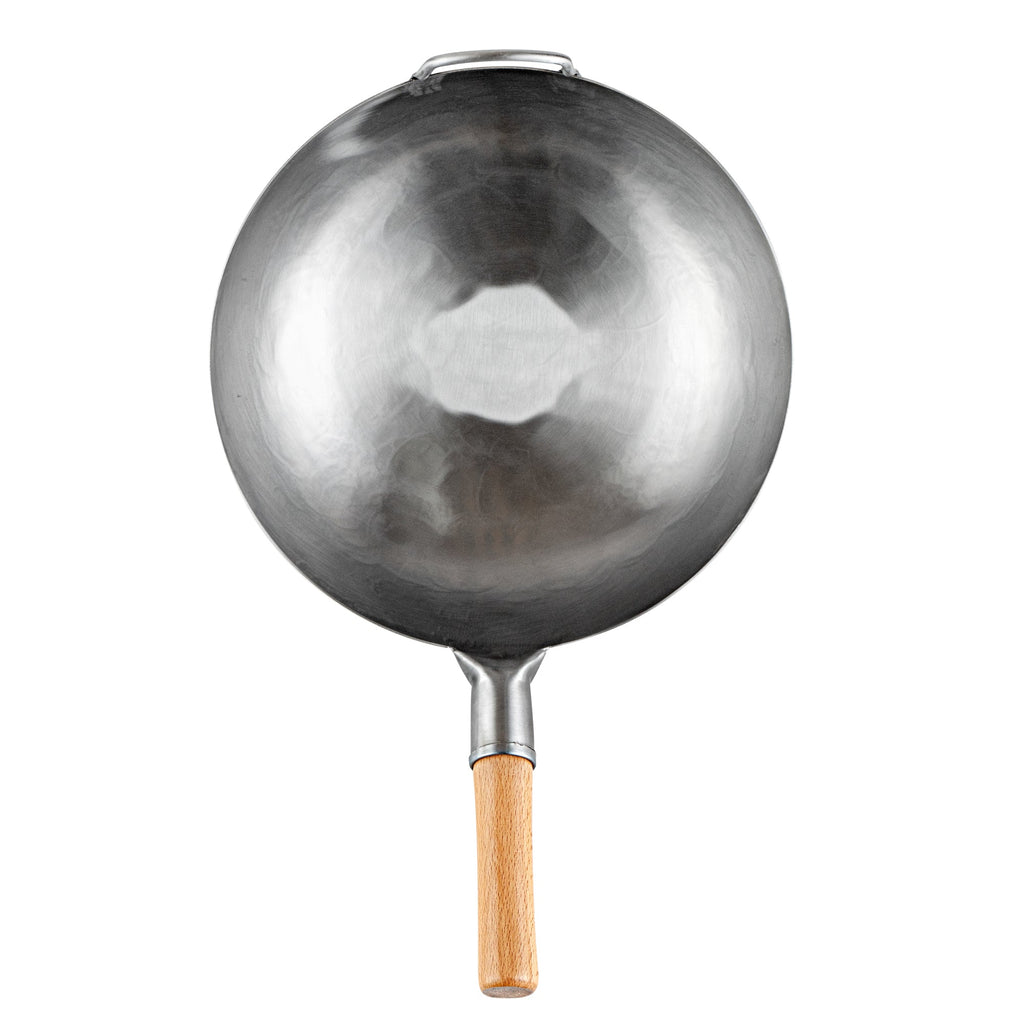 Motomori 14" Carbon Steel Flat Bottom Wok / Stir Fry Pan - Hand Hammered, with Wooden Handle - 1 count box