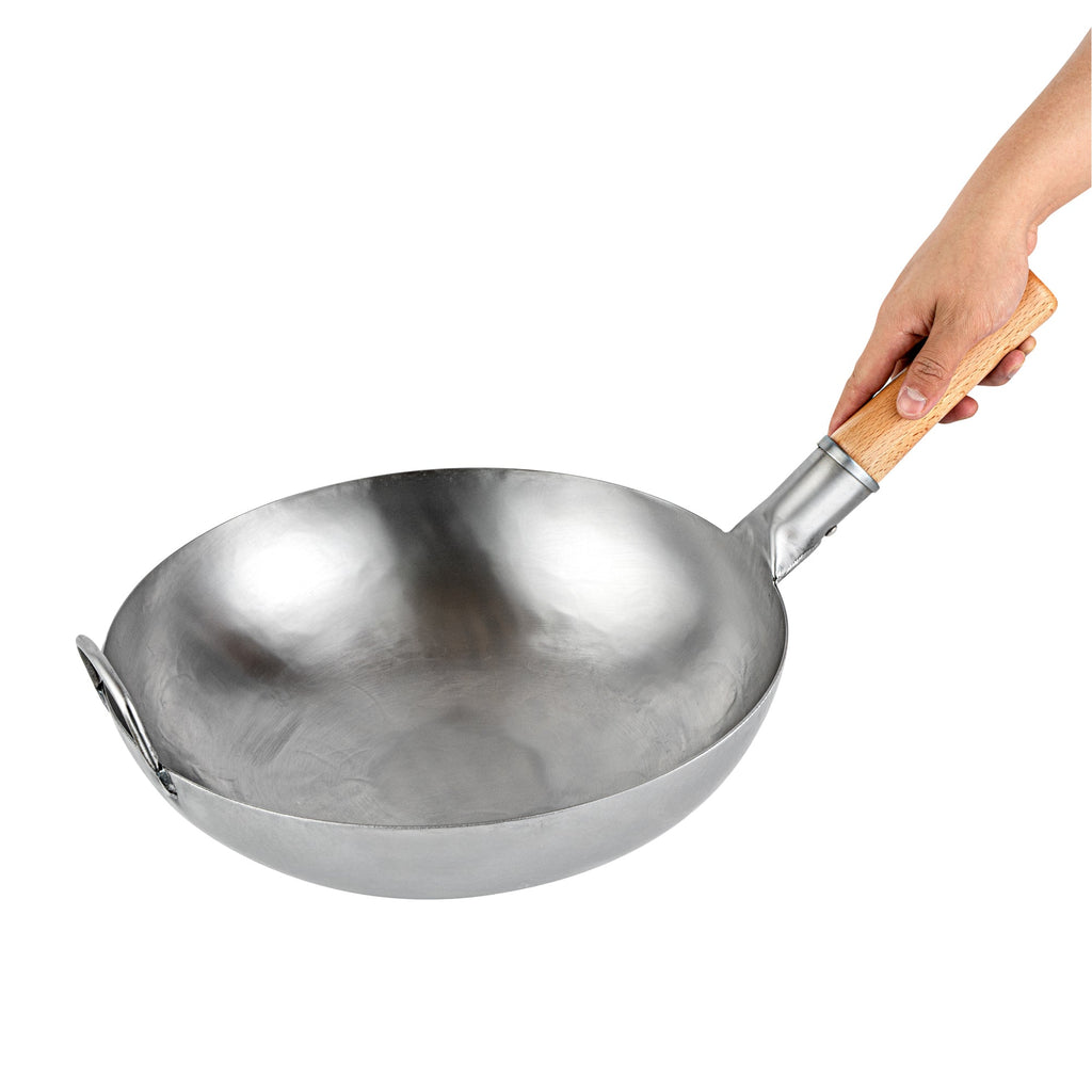 Motomori 14" Carbon Steel Flat Bottom Wok / Stir Fry Pan - Hand Hammered, with Wooden Handle - 10 count box