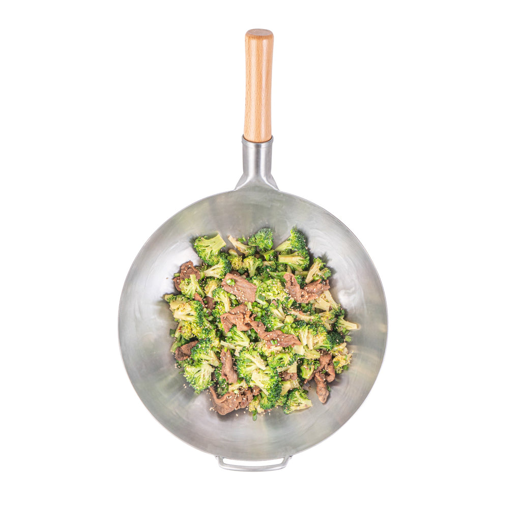 Motomori 14" Carbon Steel Flat Bottom Wok / Stir Fry Pan - Hand Hammered, with Wooden Handle - 10 count box