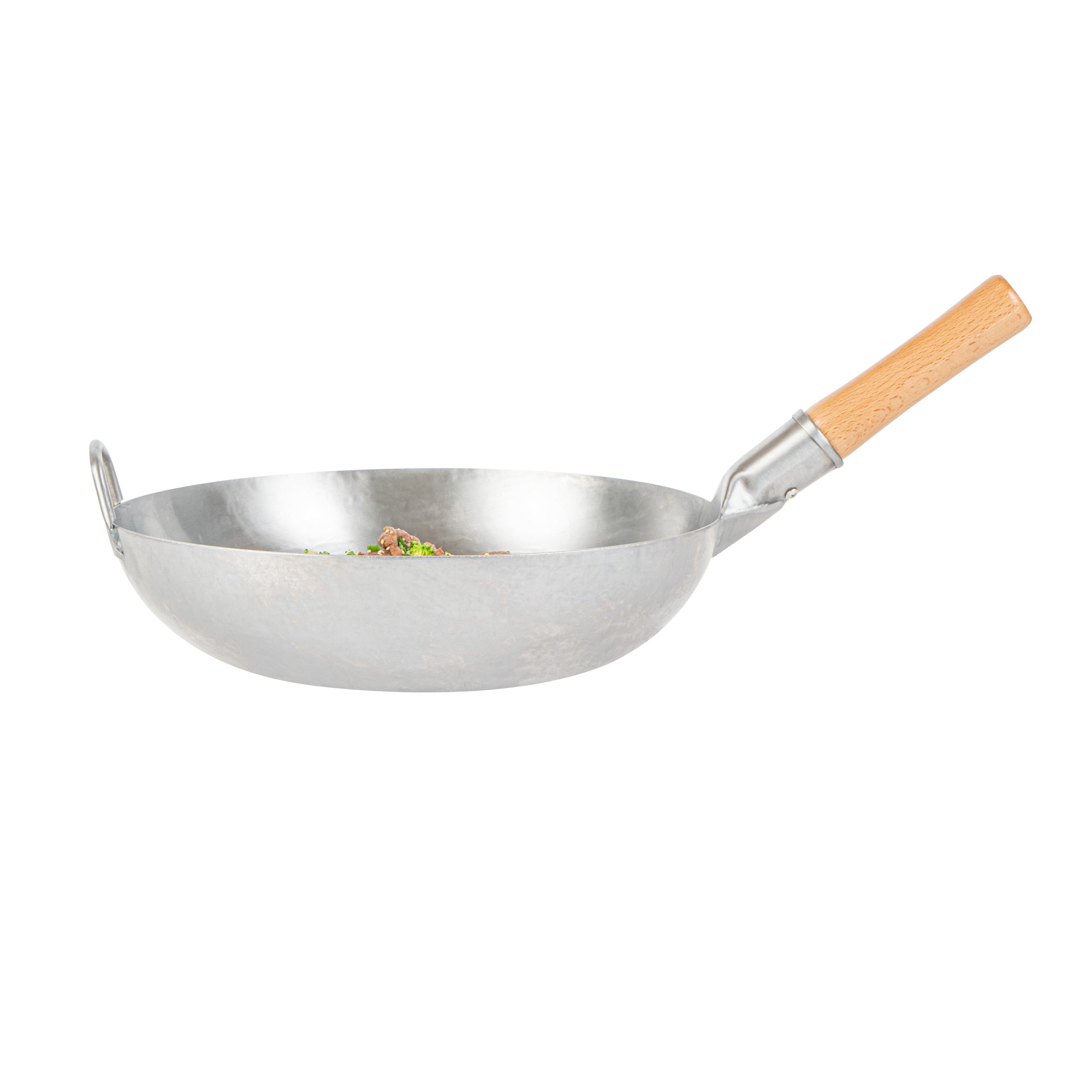 Motomori 14" Carbon Steel Flat Bottom Wok / Stir Fry Pan - Hand Hammered, with Wooden Handle - 10 count box