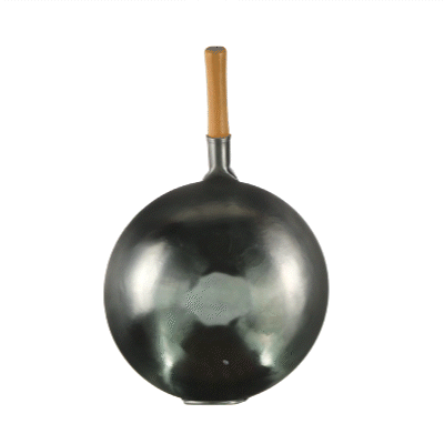 Motomori 14" Carbon Steel Flat Bottom Wok / Stir Fry Pan - Hand Hammered, with Wooden Handle - 10 count box
