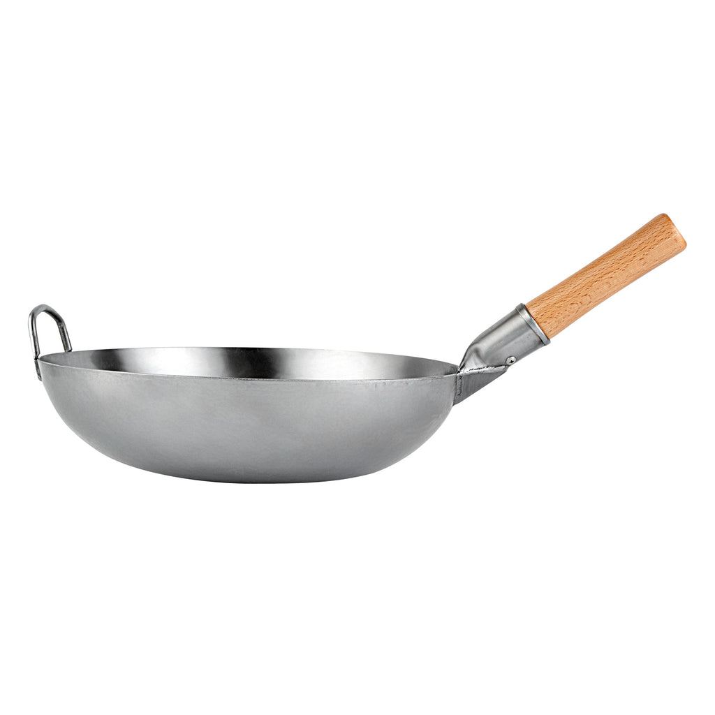 Motomori 14" Carbon Steel Flat Bottom Wok / Stir Fry Pan - Hand Hammered, with Wooden Handle - 10 count box