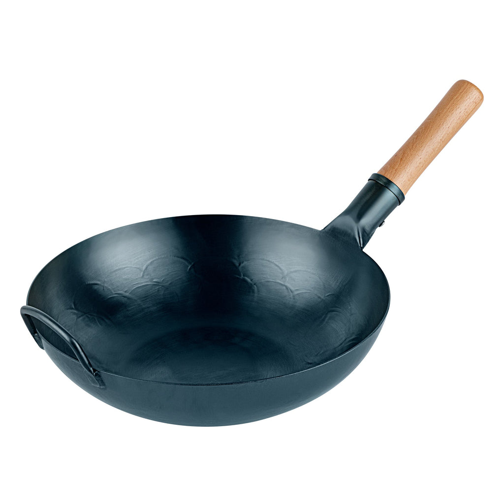 Motomori 12" Blue Carbon Steel Flat Bottom Wok / Stir Fry Pan - Hand Hammered, Pre-seasoned, with Wooden Handle - 1 count box