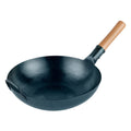 Motomori 12" Blue Carbon Steel Flat Bottom Wok / Stir Fry Pan - Hand Hammered, Pre-seasoned, with Wooden Handle - 1 count box