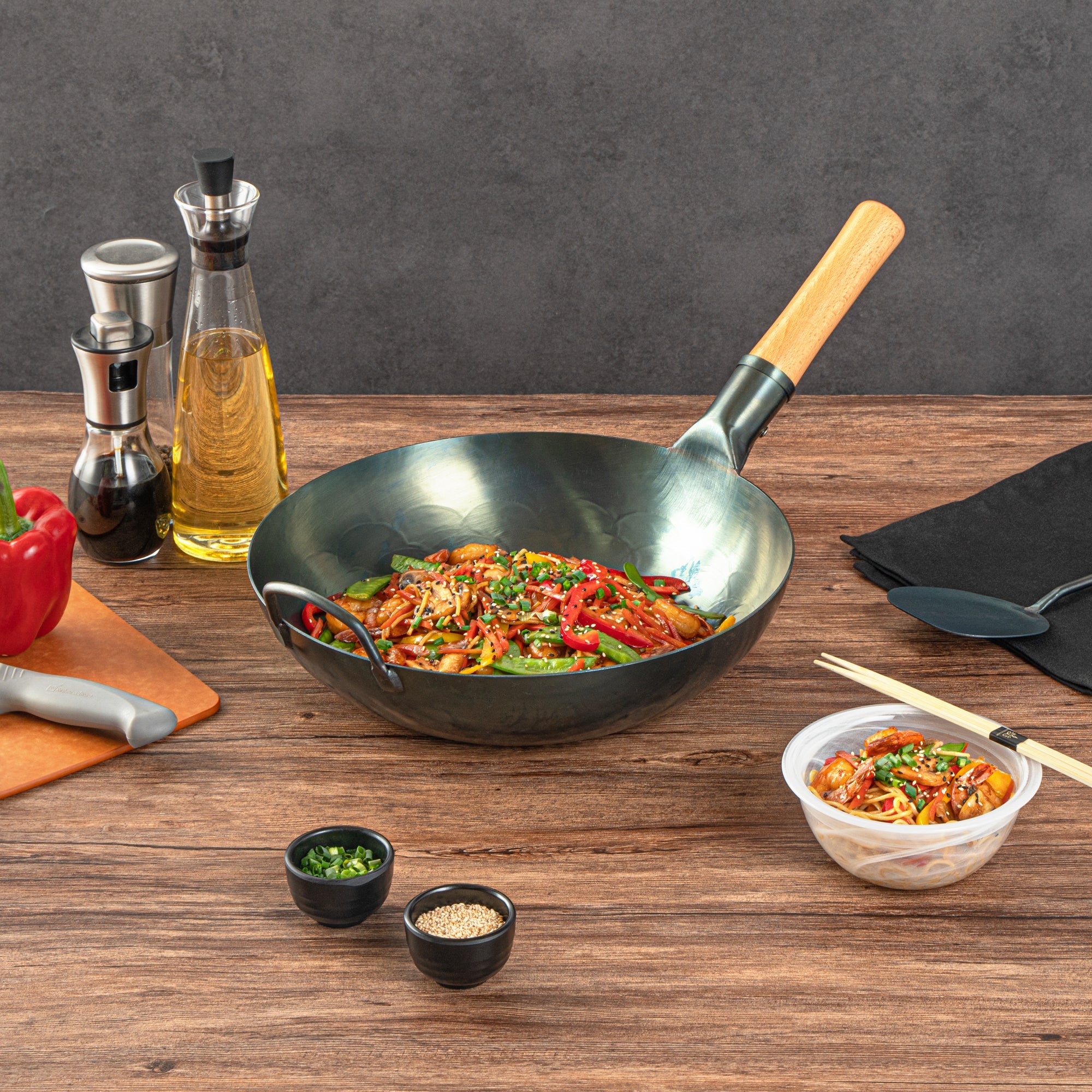 Motomori 12" Blue Carbon Steel Flat Bottom Wok / Stir Fry Pan - Hand Hammered, Pre-seasoned, with Wooden Handle - 1 count box