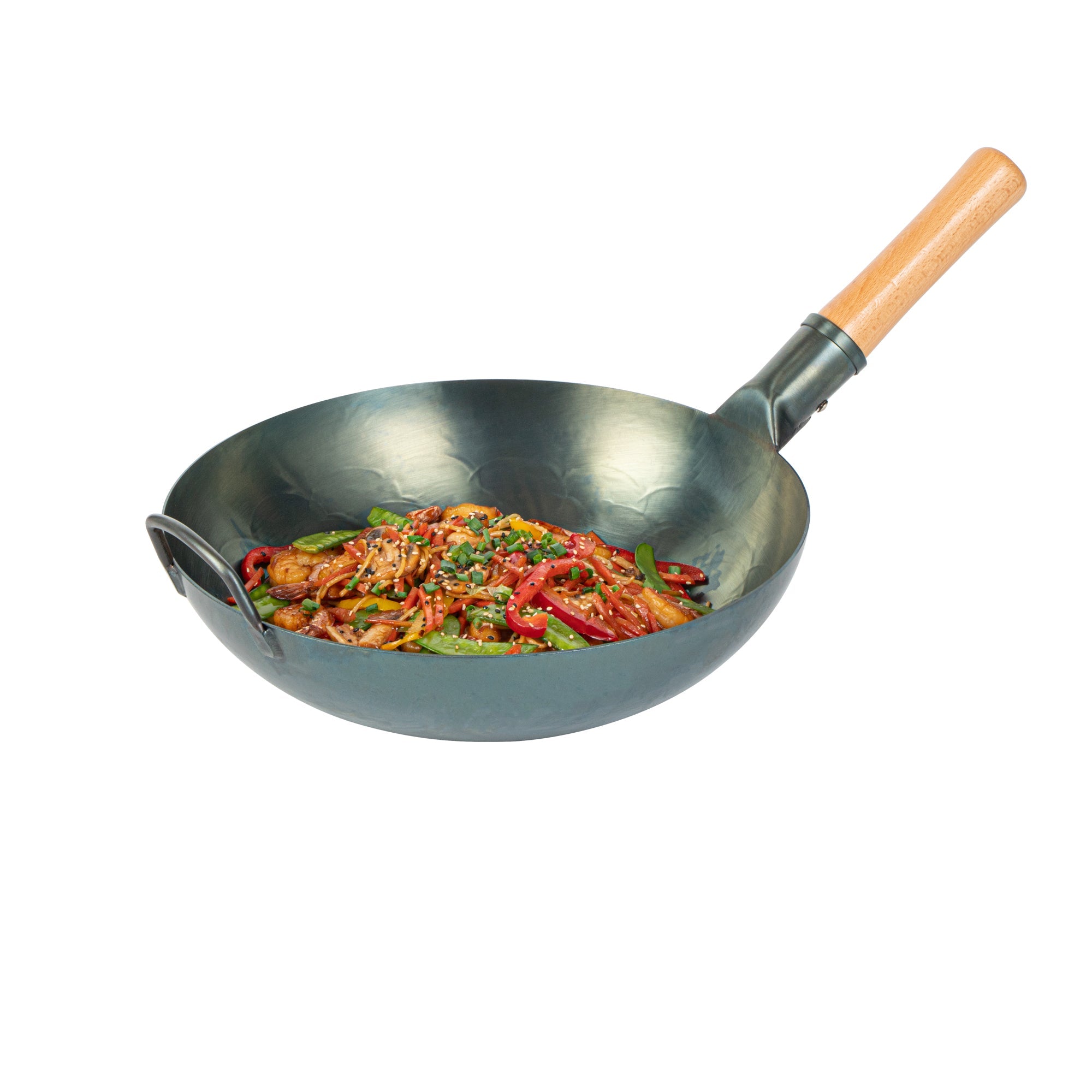 Motomori 12" Blue Carbon Steel Flat Bottom Wok / Stir Fry Pan - Hand Hammered, Pre-seasoned, with Wooden Handle - 1 count box