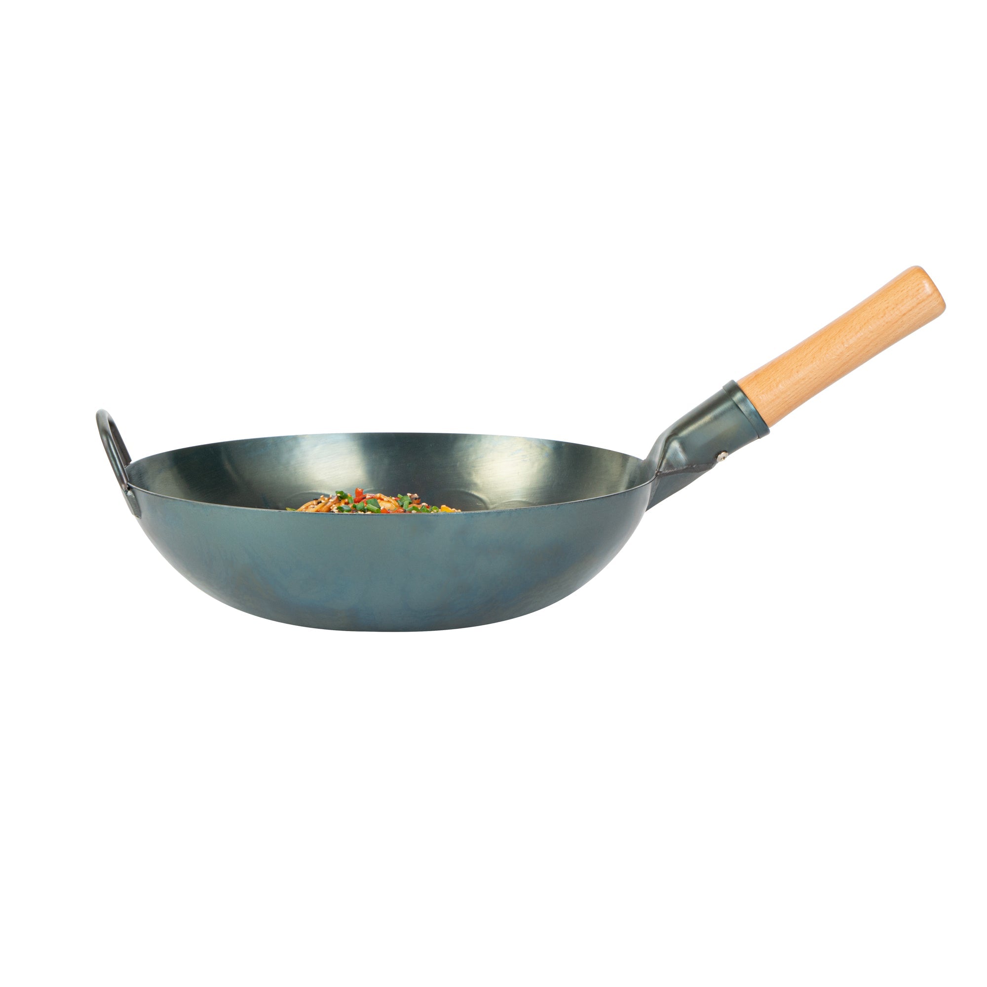 Motomori 12" Blue Carbon Steel Flat Bottom Wok / Stir Fry Pan - Hand Hammered, Pre-seasoned, with Wooden Handle - 1 count box