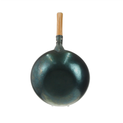 Motomori 12" Blue Carbon Steel Flat Bottom Wok / Stir Fry Pan - Hand Hammered, Pre-seasoned, with Wooden Handle - 1 count box