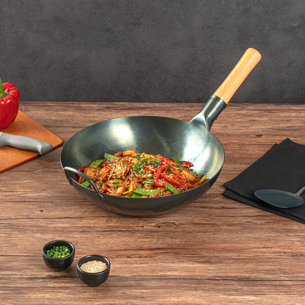 Motomori 12" Blue Carbon Steel Flat Bottom Wok / Stir Fry Pan - Hand Hammered, Pre-seasoned, with Wooden Handle - 1 count box