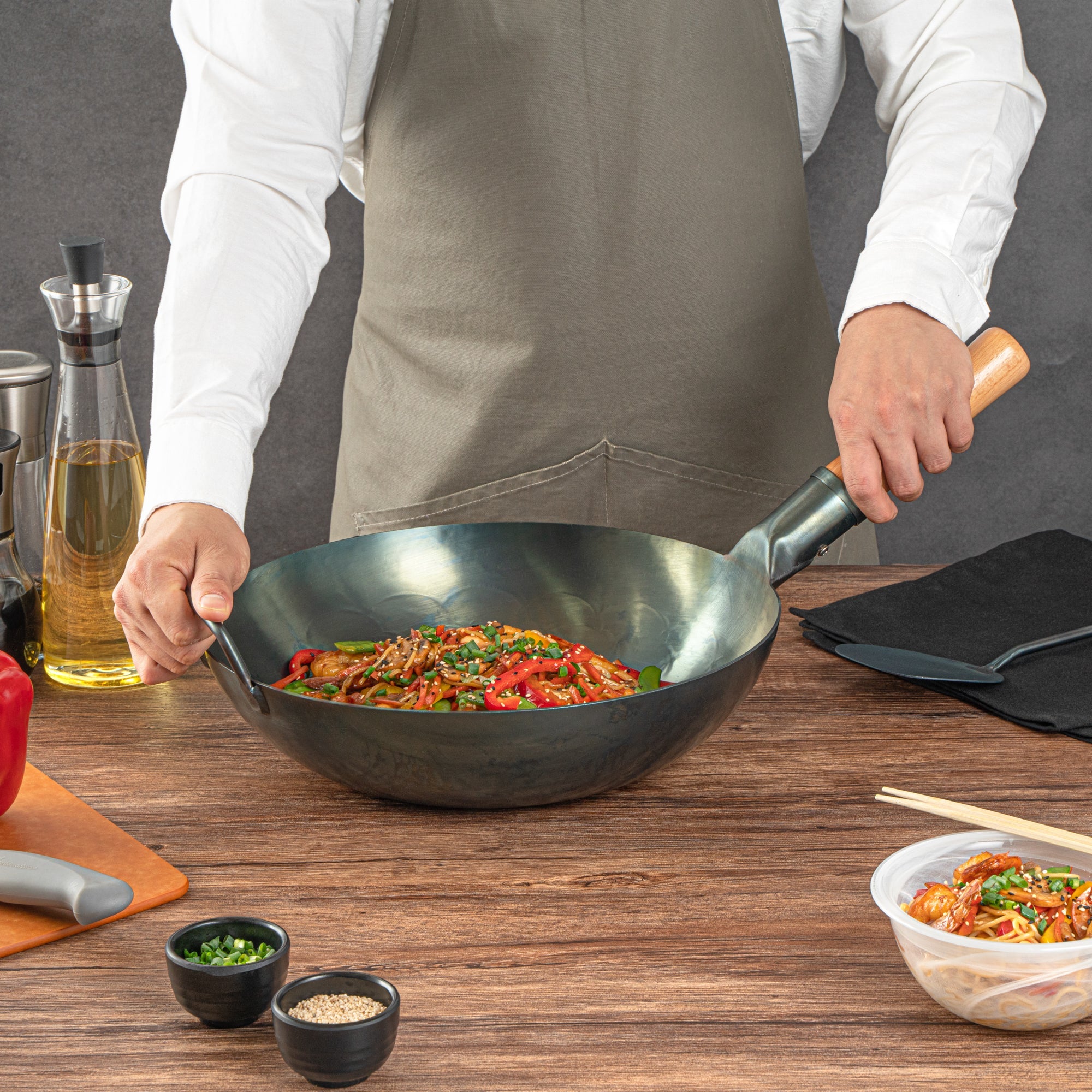 Motomori 12" Blue Carbon Steel Flat Bottom Wok / Stir Fry Pan - Hand Hammered, Pre-seasoned, with Wooden Handle - 1 count box
