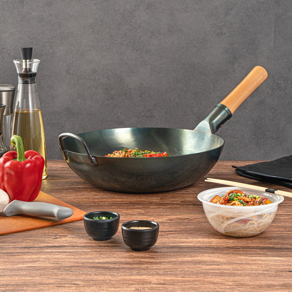 Motomori 12" Blue Carbon Steel Flat Bottom Wok / Stir Fry Pan - Hand Hammered, Pre-seasoned, with Wooden Handle - 1 count box