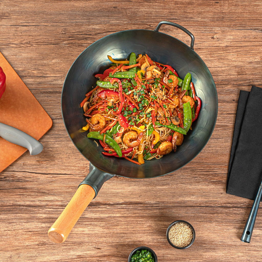 Motomori 12" Blue Carbon Steel Flat Bottom Wok / Stir Fry Pan - Hand Hammered, Pre-seasoned, with Wooden Handle - 1 count box