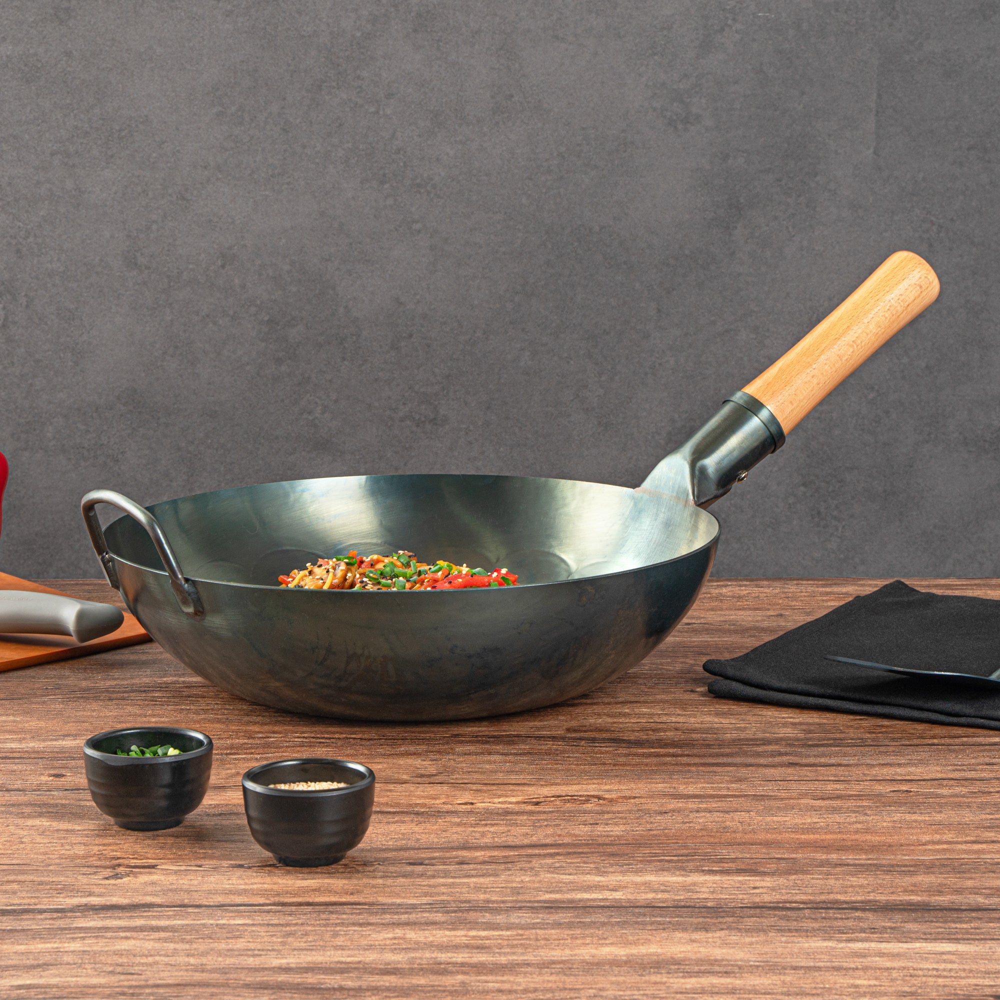 Motomori 12" Blue Carbon Steel Flat Bottom Wok / Stir Fry Pan - Hand Hammered, Pre-seasoned, with Wooden Handle - 1 count box