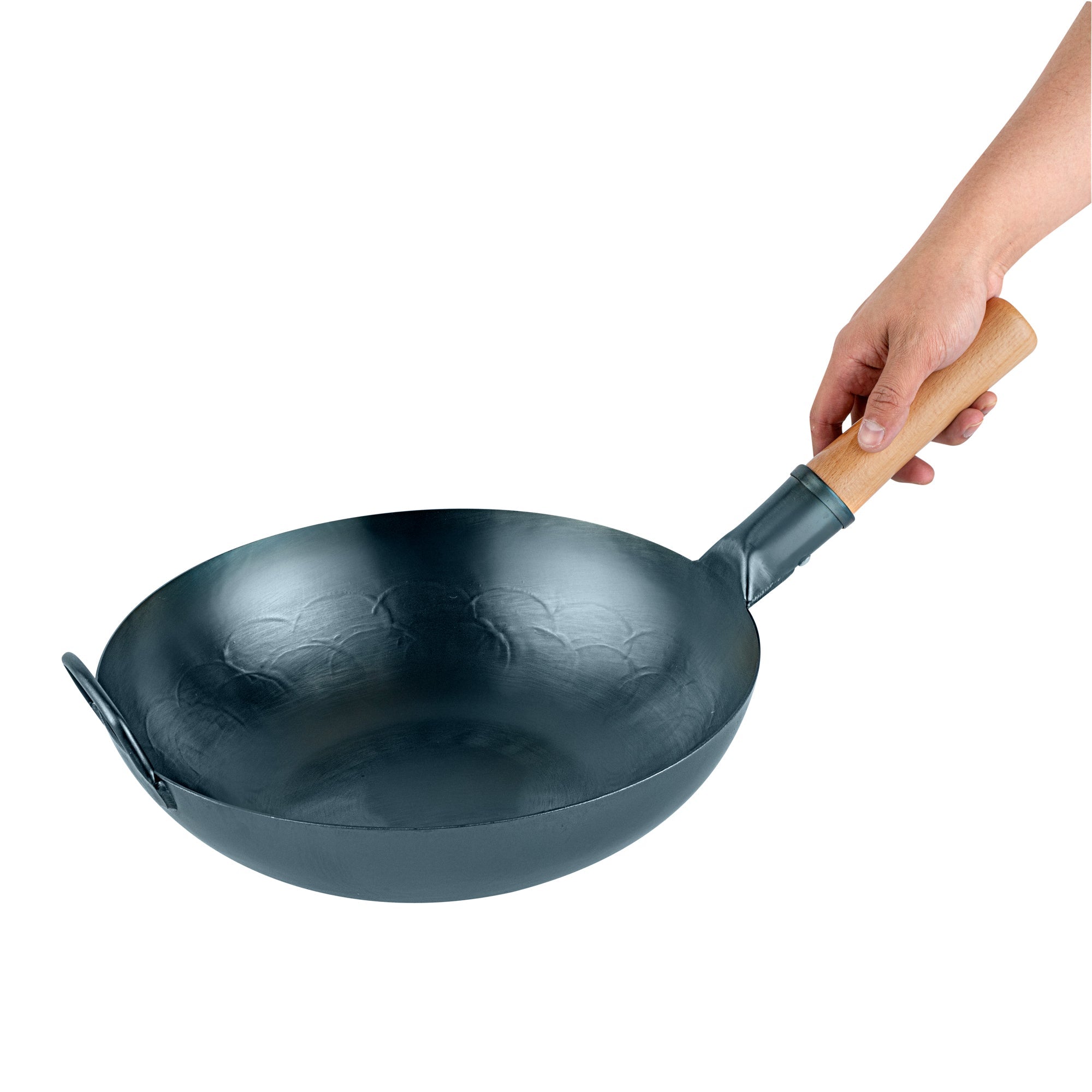 Motomori 12" Blue Carbon Steel Flat Bottom Wok / Stir Fry Pan - Hand Hammered, Pre-seasoned, with Wooden Handle - 10 count box
