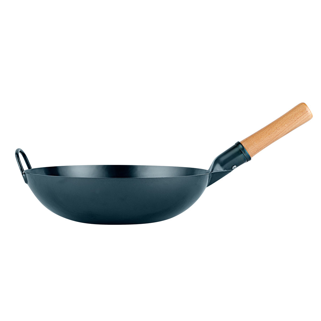 Motomori 12" Blue Carbon Steel Flat Bottom Wok / Stir Fry Pan - Hand Hammered, Pre-seasoned, with Wooden Handle - 10 count box