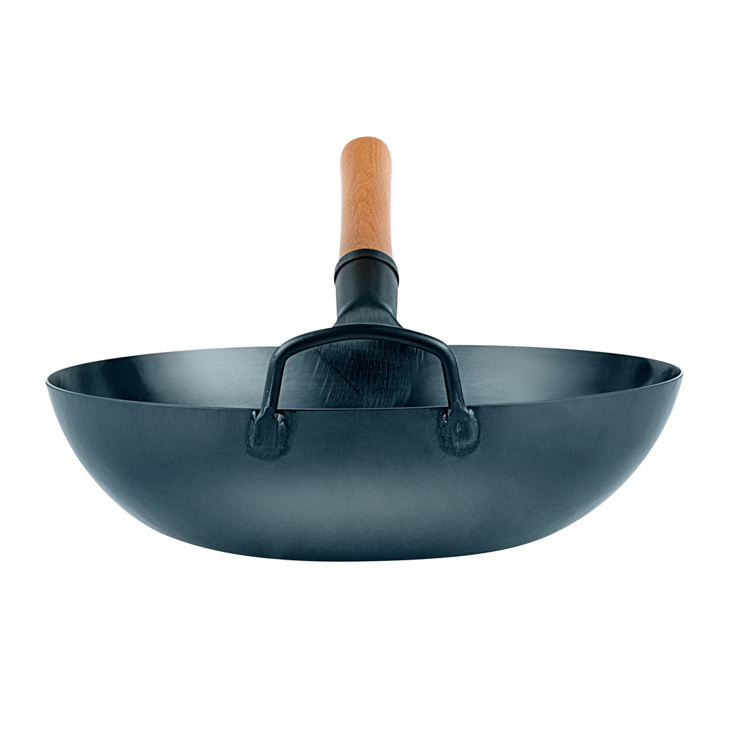 Motomori 12" Blue Carbon Steel Flat Bottom Wok / Stir Fry Pan - Hand Hammered, Pre-seasoned, with Wooden Handle - 10 count box