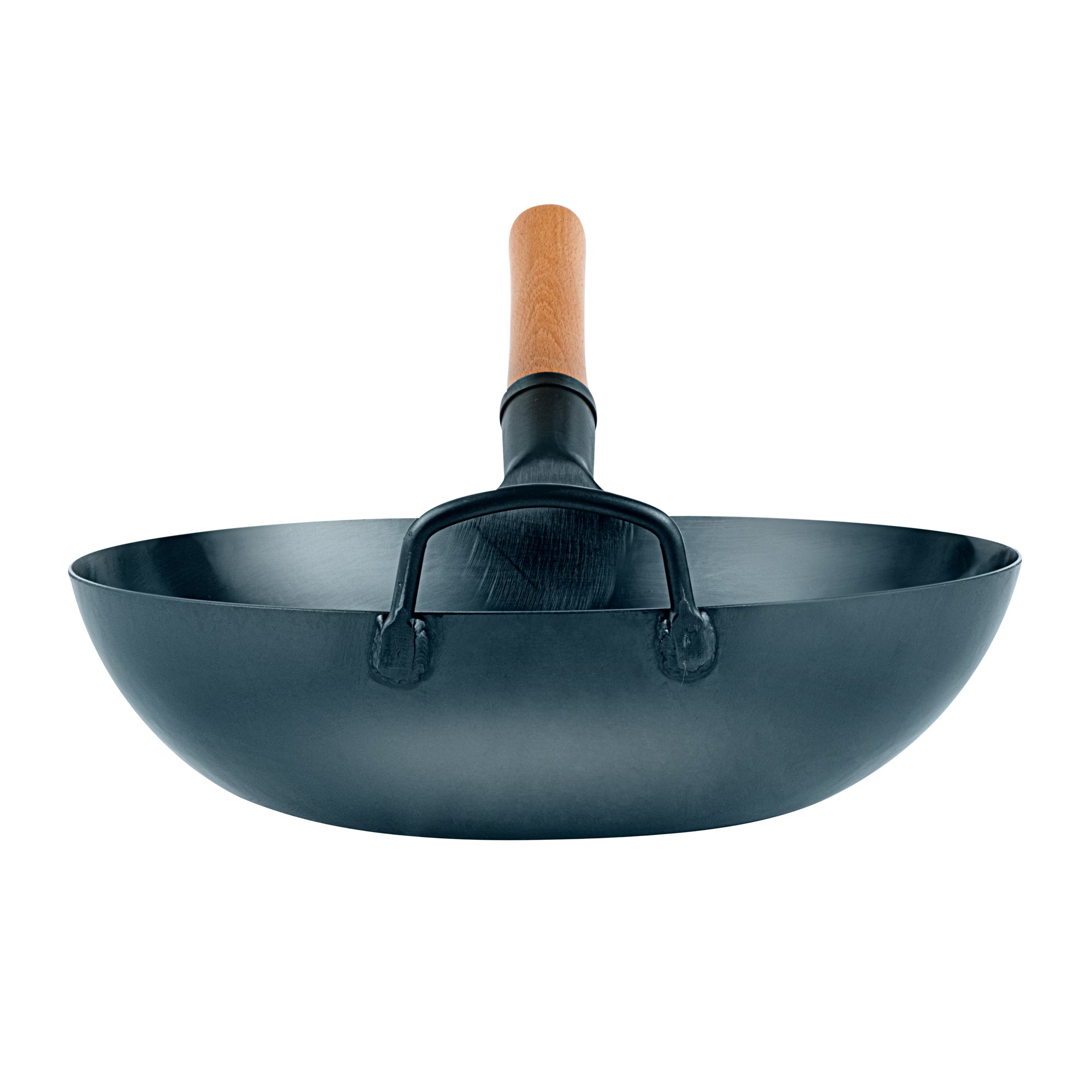 Motomori 12" Blue Carbon Steel Flat Bottom Wok / Stir Fry Pan - Hand Hammered, Pre-seasoned, with Wooden Handle - 10 count box