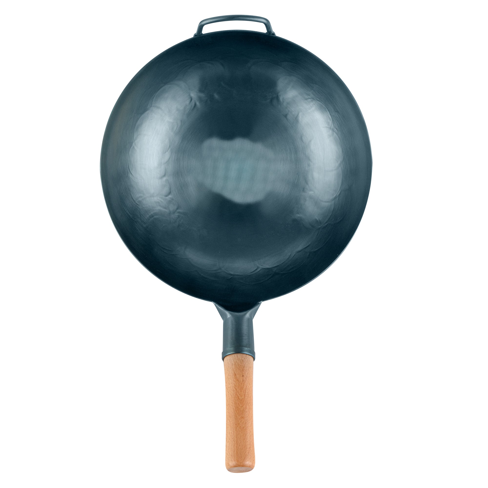 Motomori 12" Blue Carbon Steel Flat Bottom Wok / Stir Fry Pan - Hand Hammered, Pre-seasoned, with Wooden Handle - 10 count box