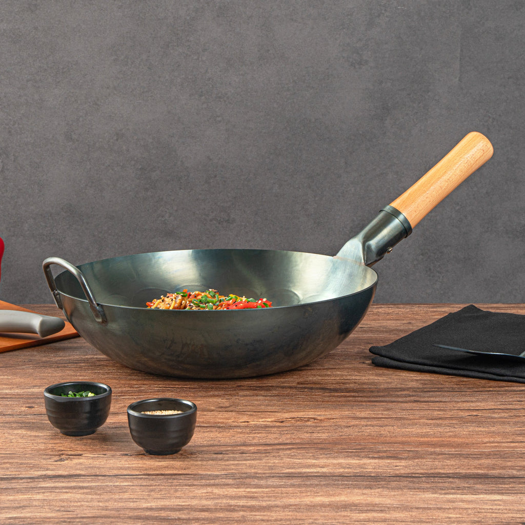 Motomori 12" Blue Carbon Steel Flat Bottom Wok / Stir Fry Pan - Hand Hammered, Pre-seasoned, with Wooden Handle - 10 count box