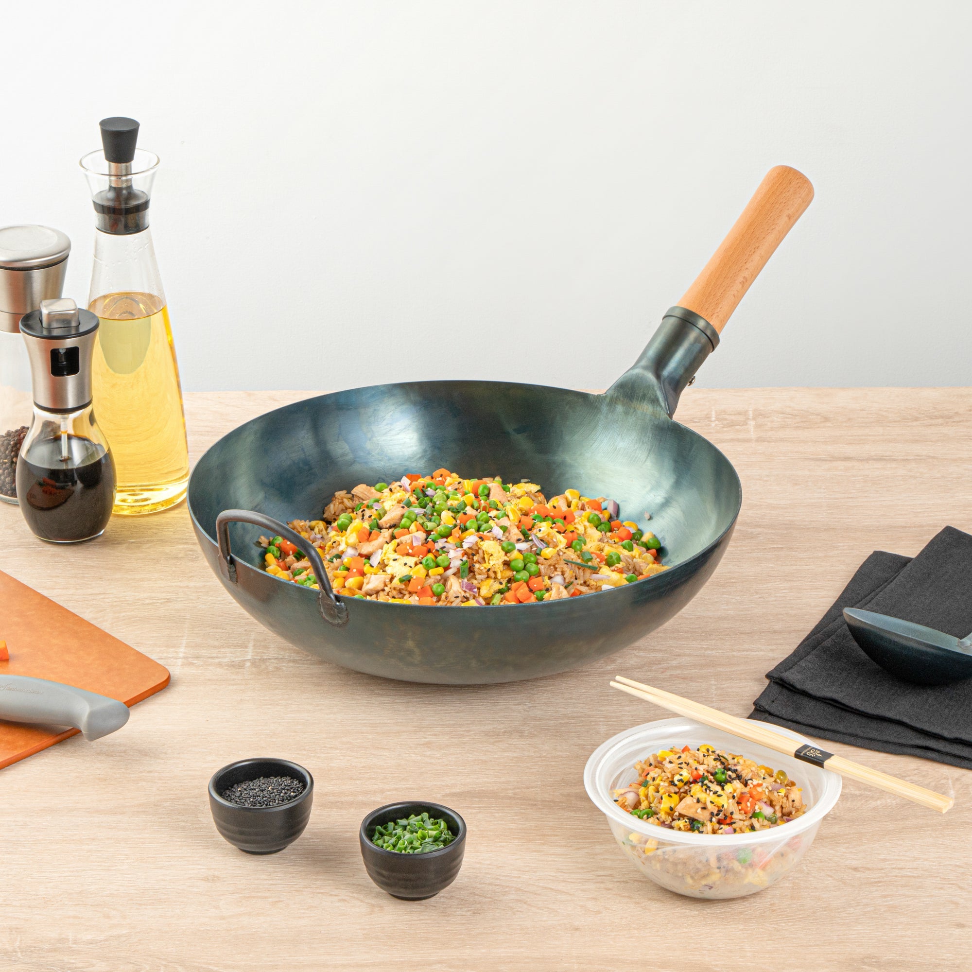 Motomori 14" Blue Carbon Steel Flat Bottom Wok / Stir Fry Pan - Hand Hammered, Pre-seasoned, with Wooden Handle - 1 count box