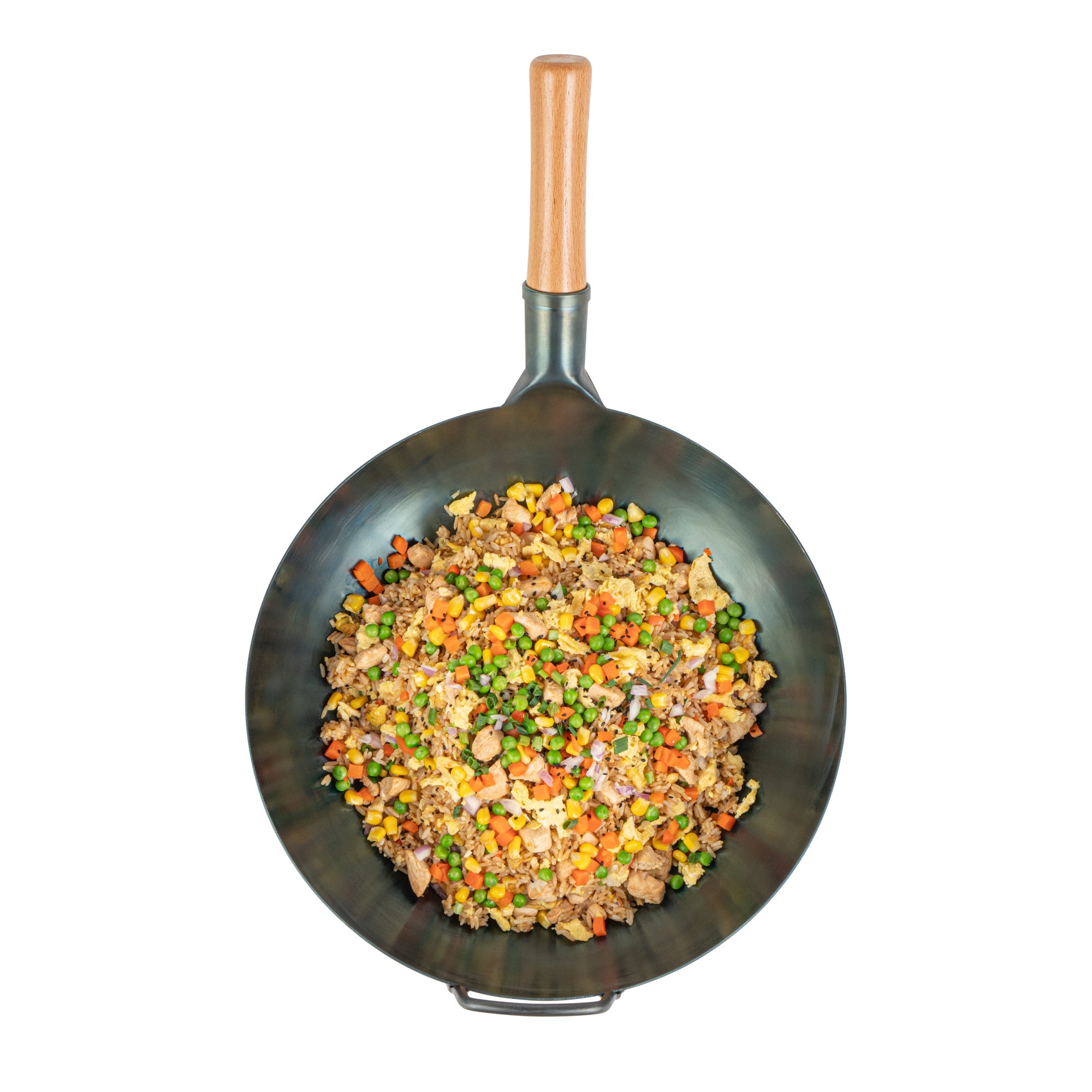 Motomori 14" Blue Carbon Steel Flat Bottom Wok / Stir Fry Pan - Hand Hammered, Pre-seasoned, with Wooden Handle - 1 count box