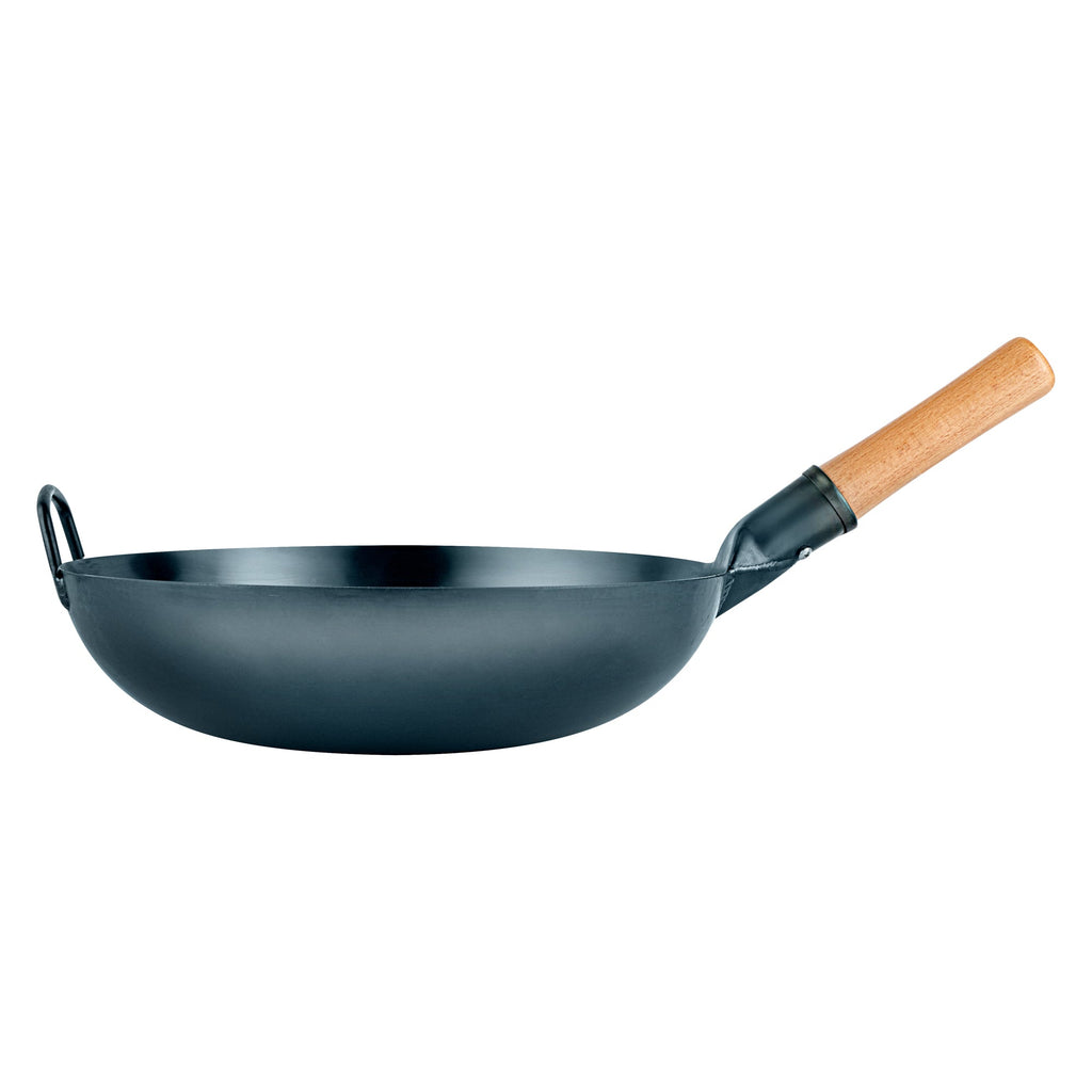 Motomori 14" Blue Carbon Steel Flat Bottom Wok / Stir Fry Pan - Hand Hammered, Pre-seasoned, with Wooden Handle - 1 count box