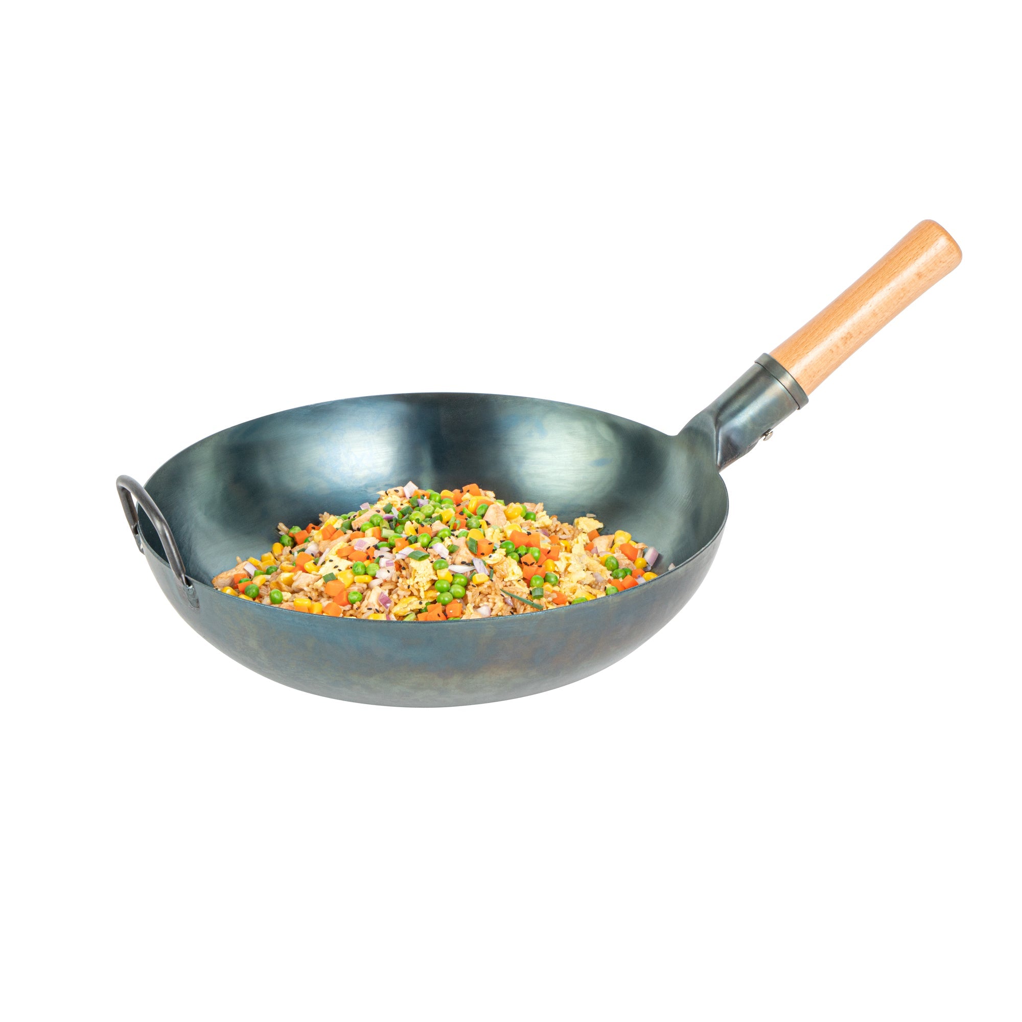 Motomori 14" Blue Carbon Steel Flat Bottom Wok / Stir Fry Pan - Hand Hammered, Pre-seasoned, with Wooden Handle - 10 count box