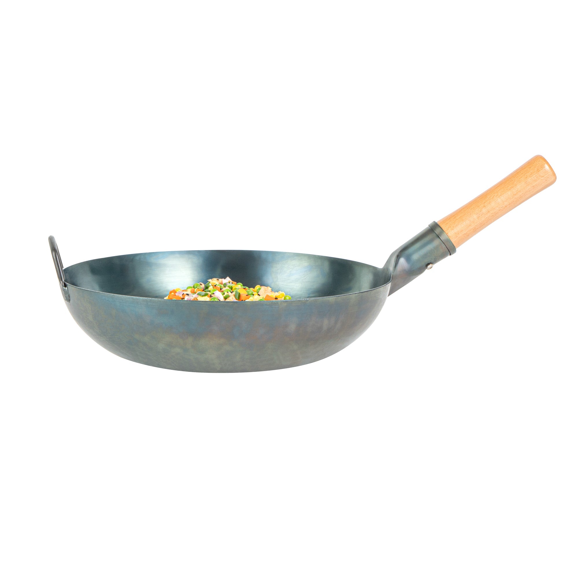 Motomori 14" Blue Carbon Steel Flat Bottom Wok / Stir Fry Pan - Hand Hammered, Pre-seasoned, with Wooden Handle - 10 count box