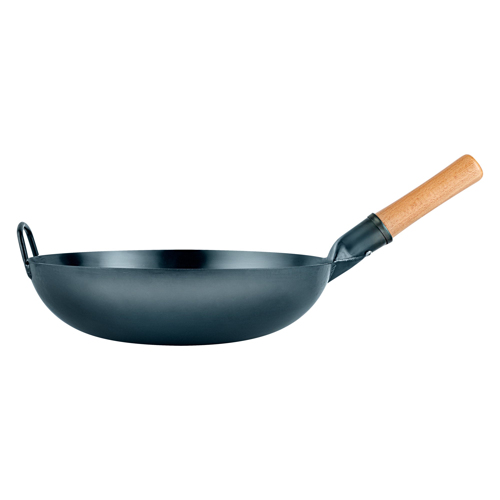 Motomori 14" Blue Carbon Steel Flat Bottom Wok / Stir Fry Pan - Hand Hammered, Pre-seasoned, with Wooden Handle - 10 count box