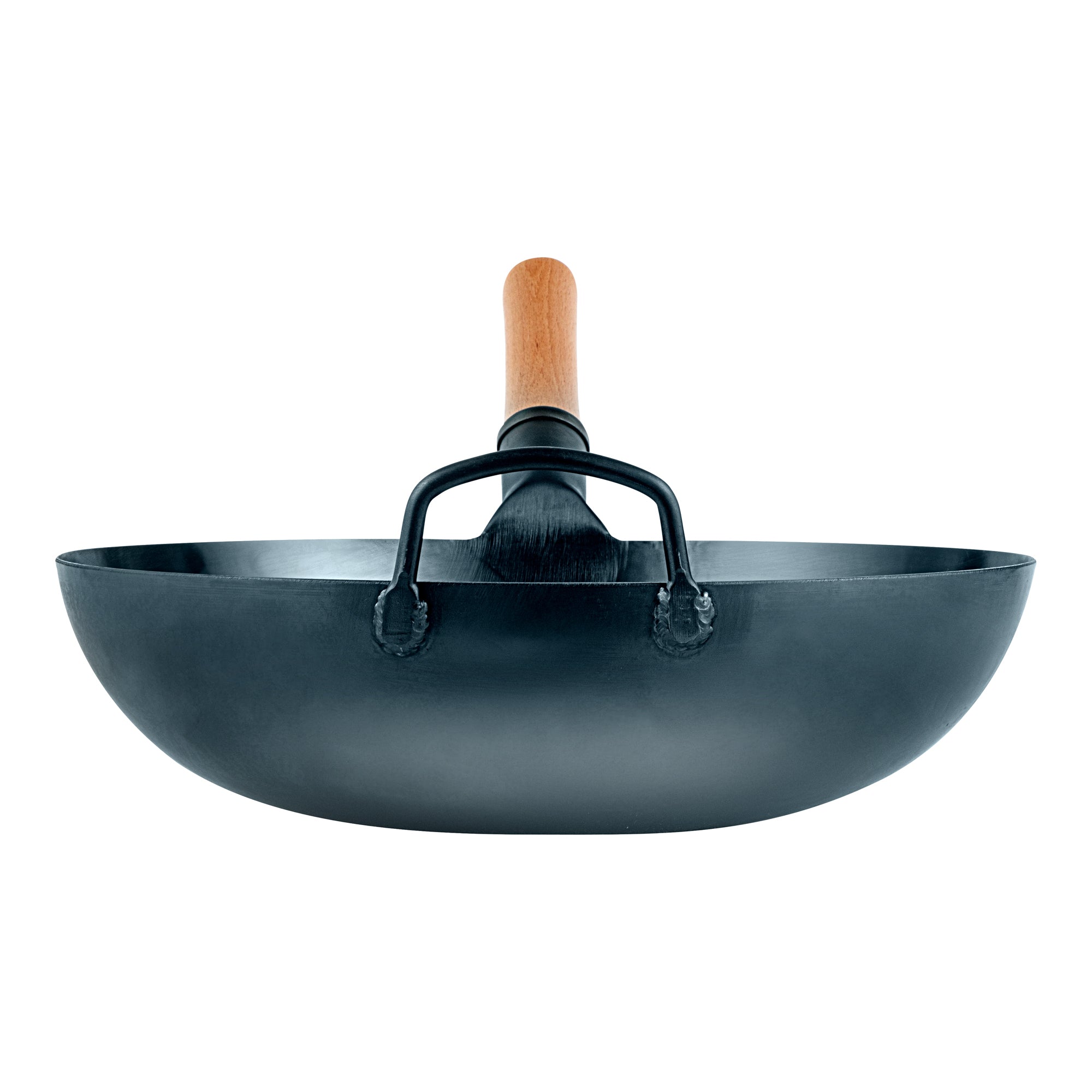 Motomori 14" Blue Carbon Steel Flat Bottom Wok / Stir Fry Pan - Hand Hammered, Pre-seasoned, with Wooden Handle - 10 count box