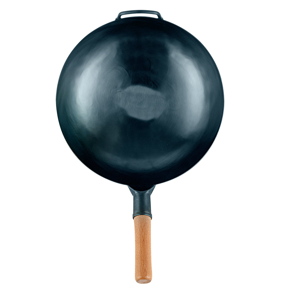 Motomori 14" Blue Carbon Steel Flat Bottom Wok / Stir Fry Pan - Hand Hammered, Pre-seasoned, with Wooden Handle - 10 count box