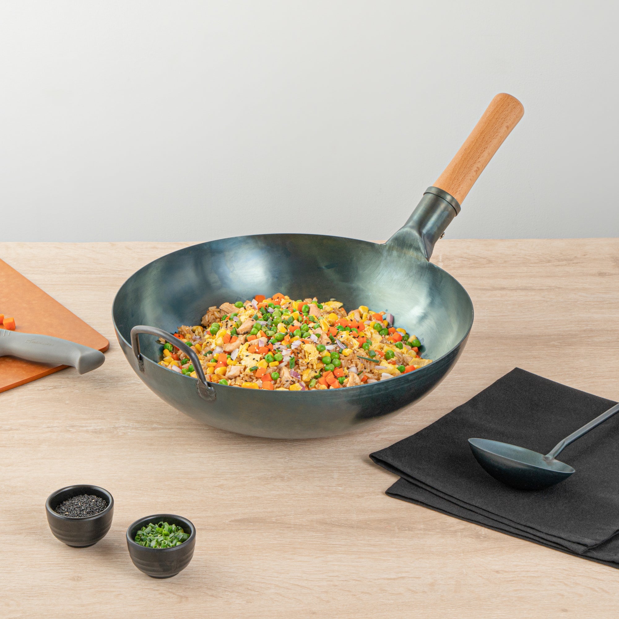 Motomori 14" Blue Carbon Steel Flat Bottom Wok / Stir Fry Pan - Hand Hammered, Pre-seasoned, with Wooden Handle - 10 count box