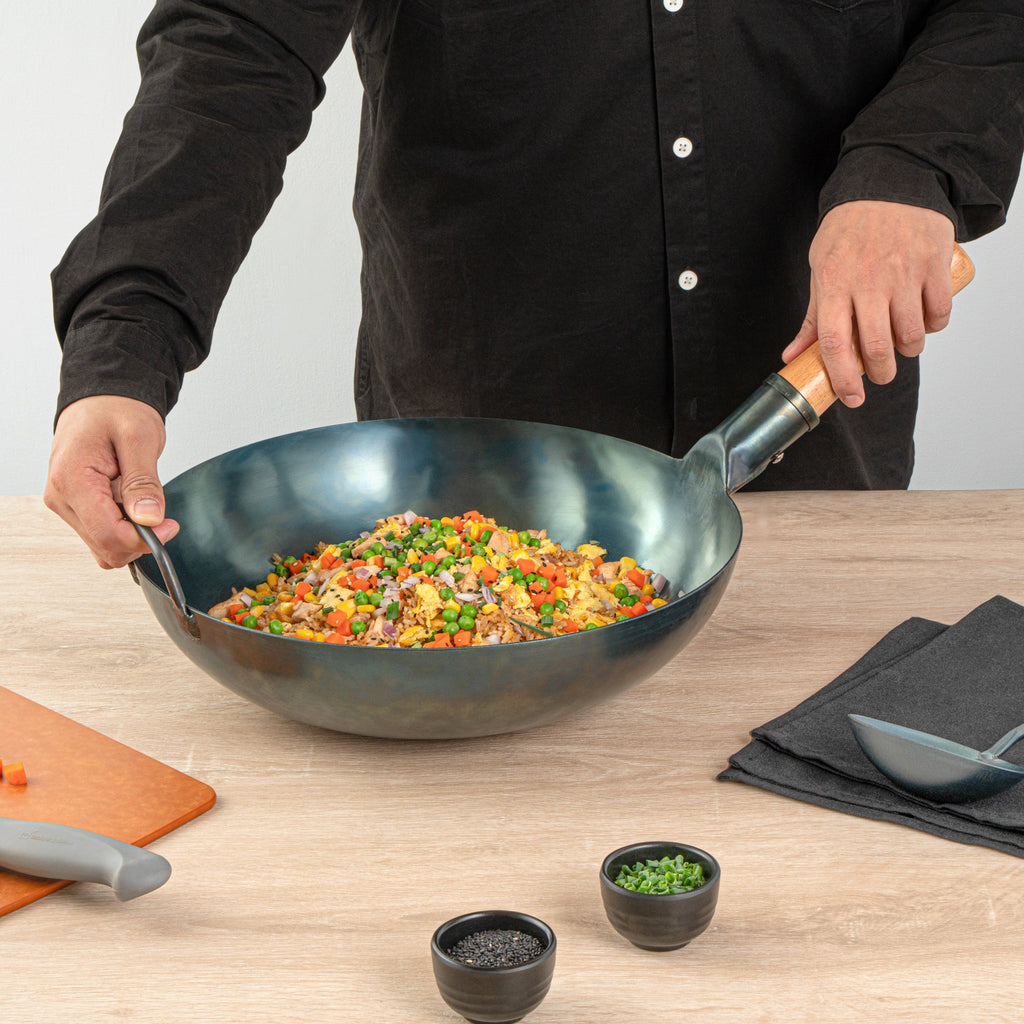 Motomori 14" Blue Carbon Steel Flat Bottom Wok / Stir Fry Pan - Hand Hammered, Pre-seasoned, with Wooden Handle - 10 count box