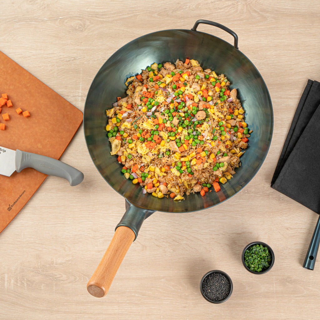 Motomori 14" Blue Carbon Steel Flat Bottom Wok / Stir Fry Pan - Hand Hammered, Pre-seasoned, with Wooden Handle - 10 count box