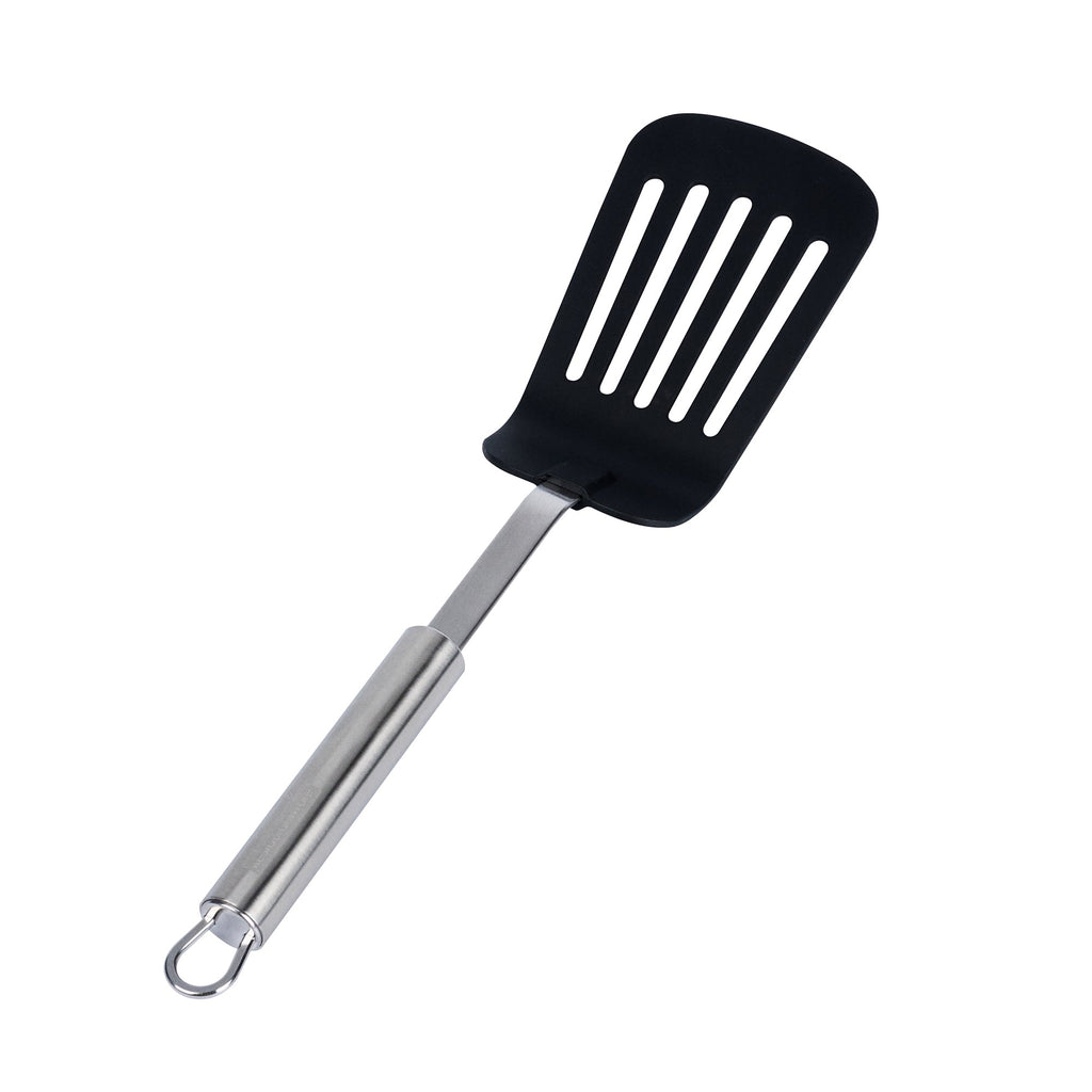 German Standard Black Nylon High Heat Slotted Turner / Spatula - with Stainless Steel Handle - 12 1/2'' - 36 count box