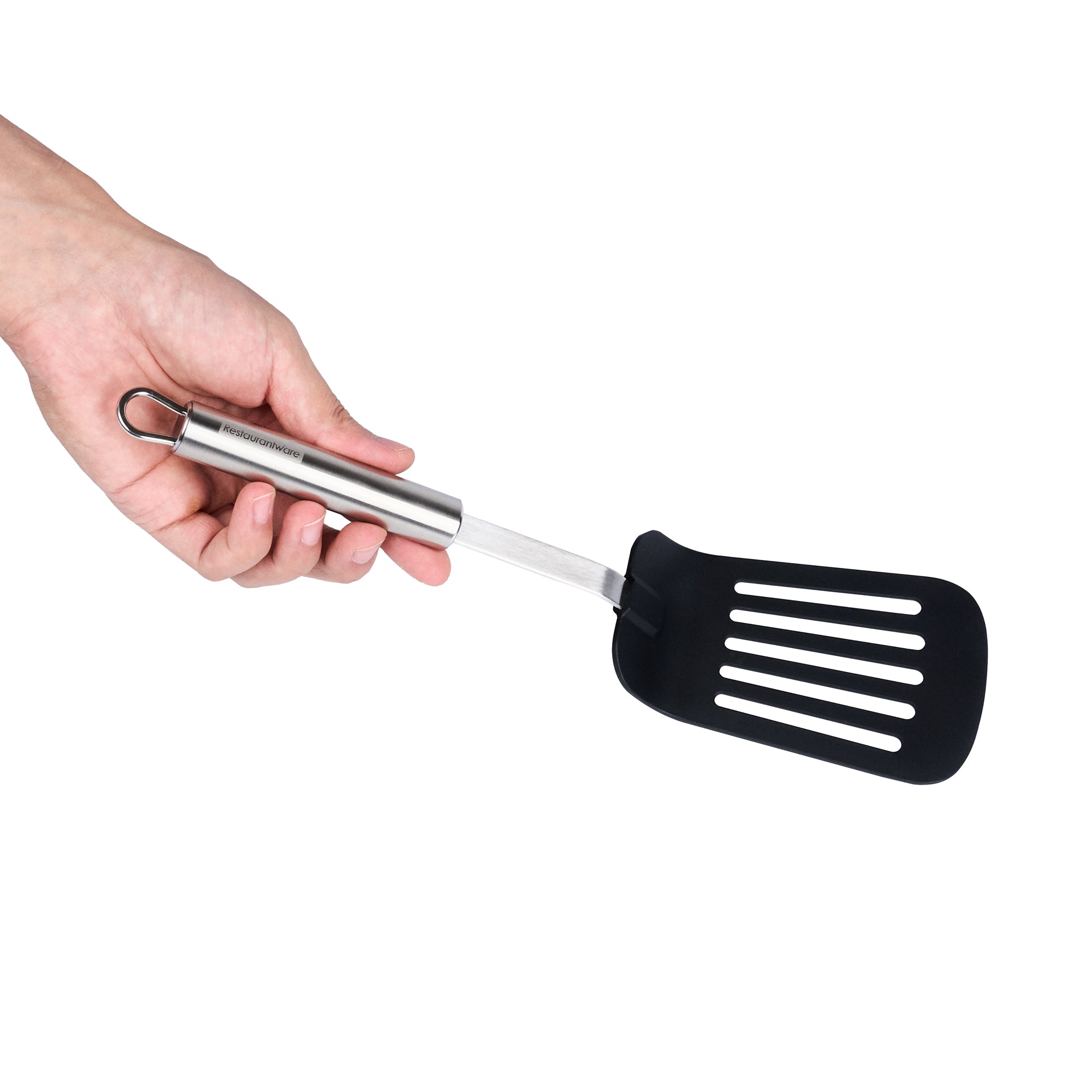 German Standard Black Nylon High Heat Slotted Turner / Spatula - with Stainless Steel Handle - 12 1/2'' - 36 count box