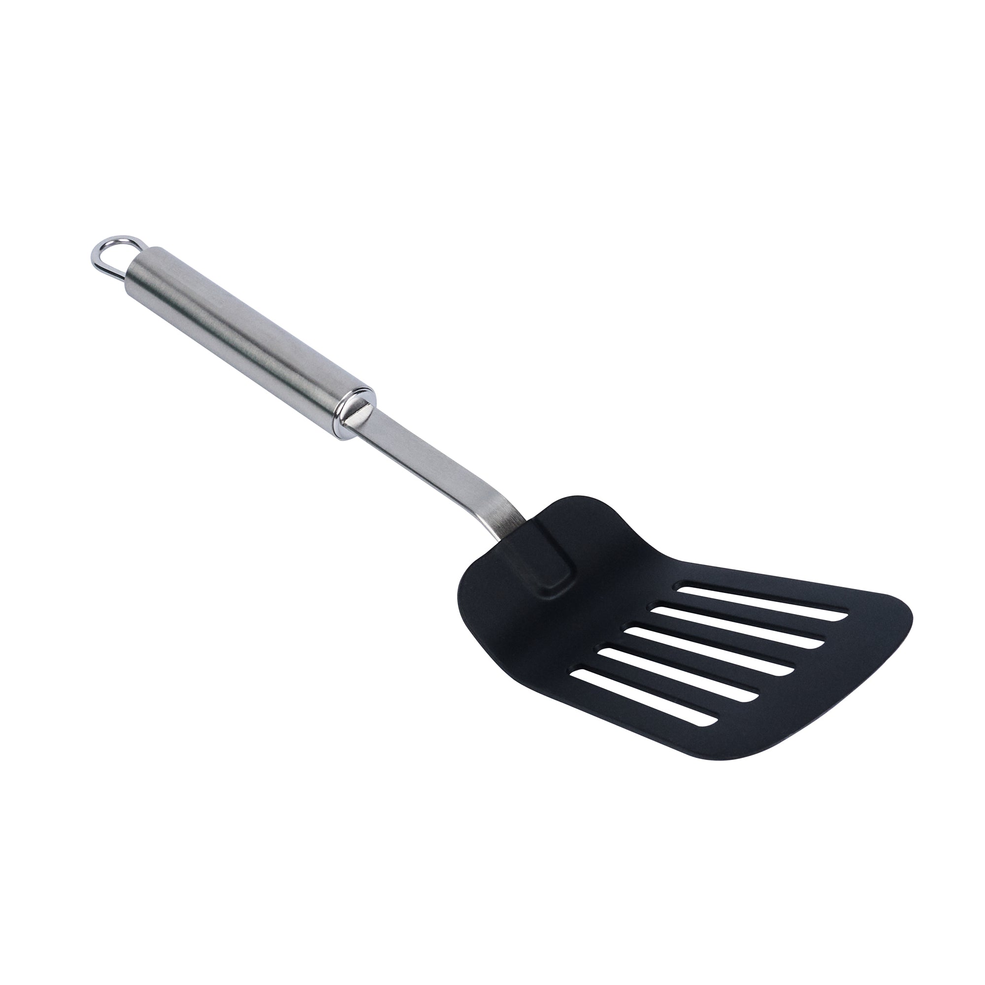 German Standard Black Nylon High Heat Slotted Turner / Spatula - with Stainless Steel Handle - 12 1/2'' - 6 count box