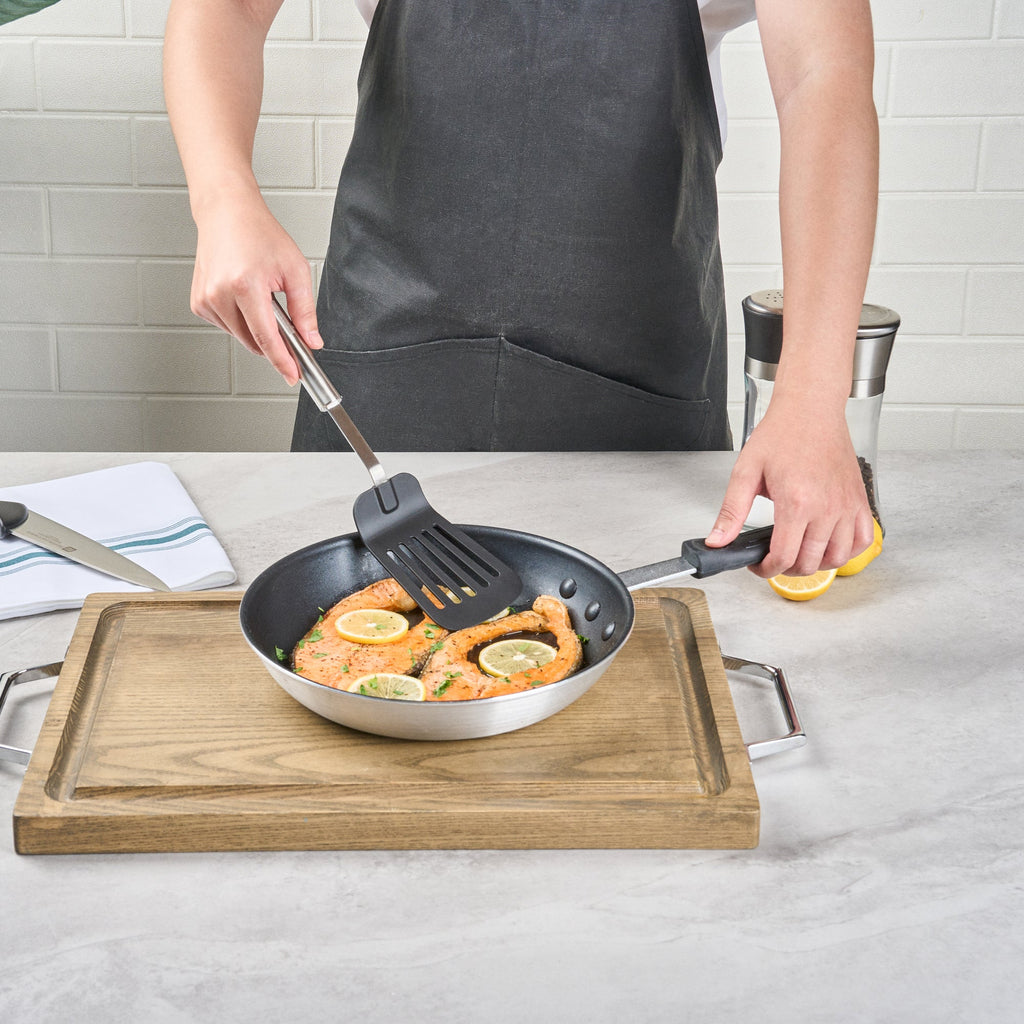 German Standard Black Nylon High Heat Slotted Turner / Spatula - with Stainless Steel Handle - 12 1/2'' - 6 count box