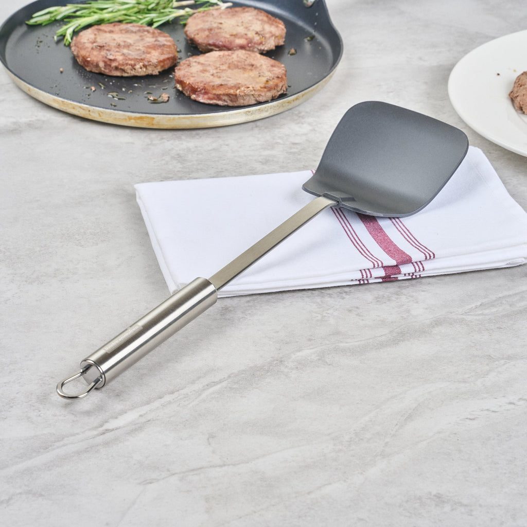 German Standard Black Nylon High Heat Wok Spatula - with Stainless Steel Handle - 14 1/4'' - 1 count box